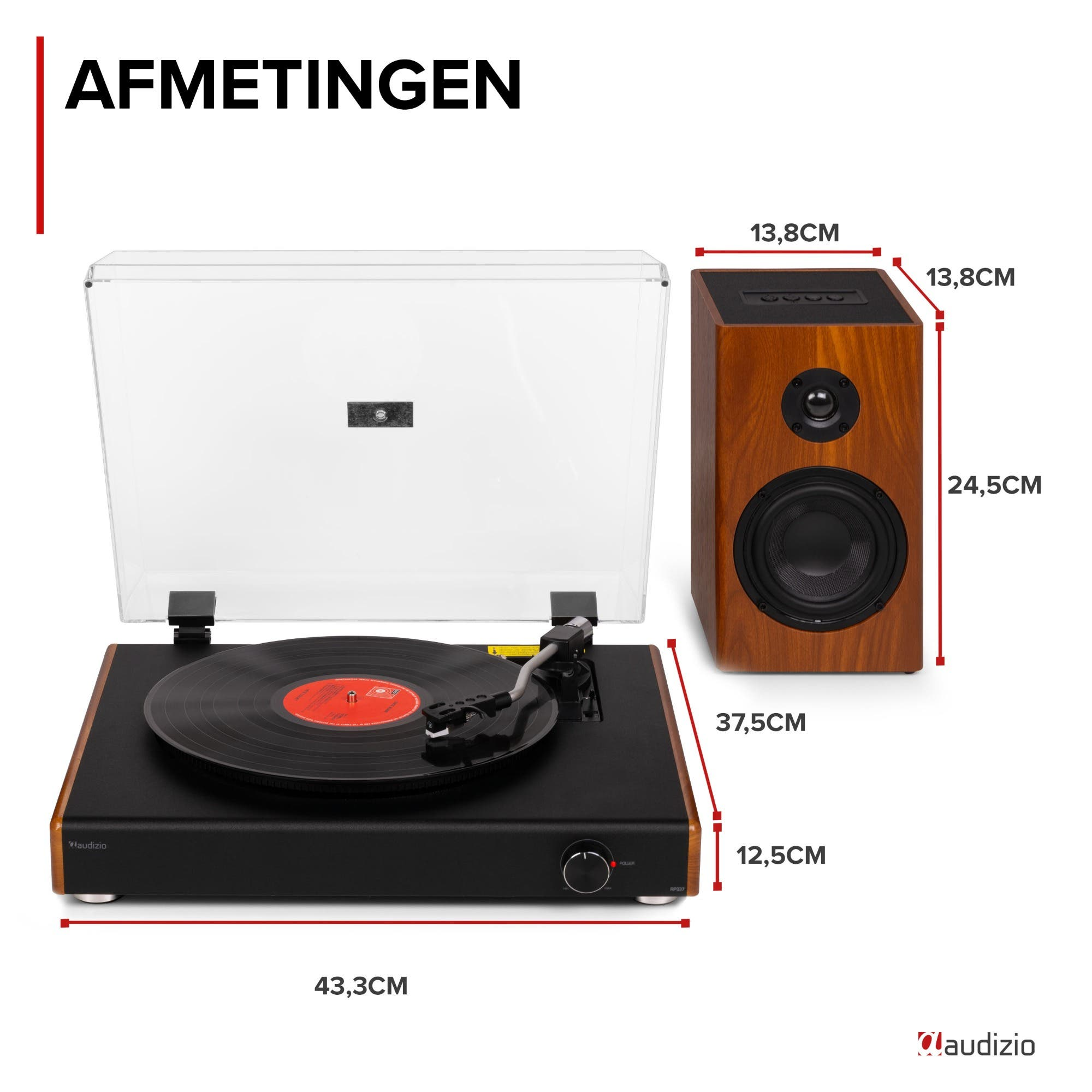 Tocadiscos negro con vinilo y altavoz al lado, con dimensiones.