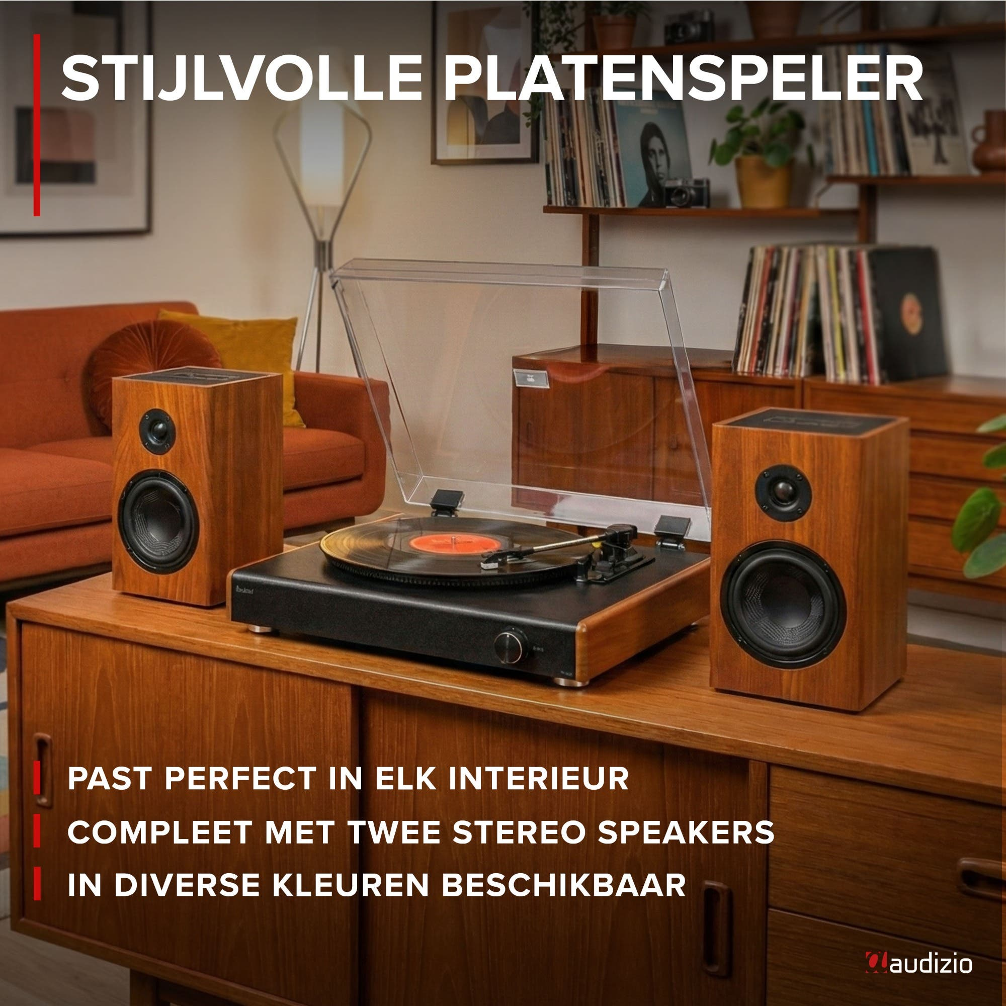Tocadiscos elegante con dos altavoces sobre un mueble de madera.
