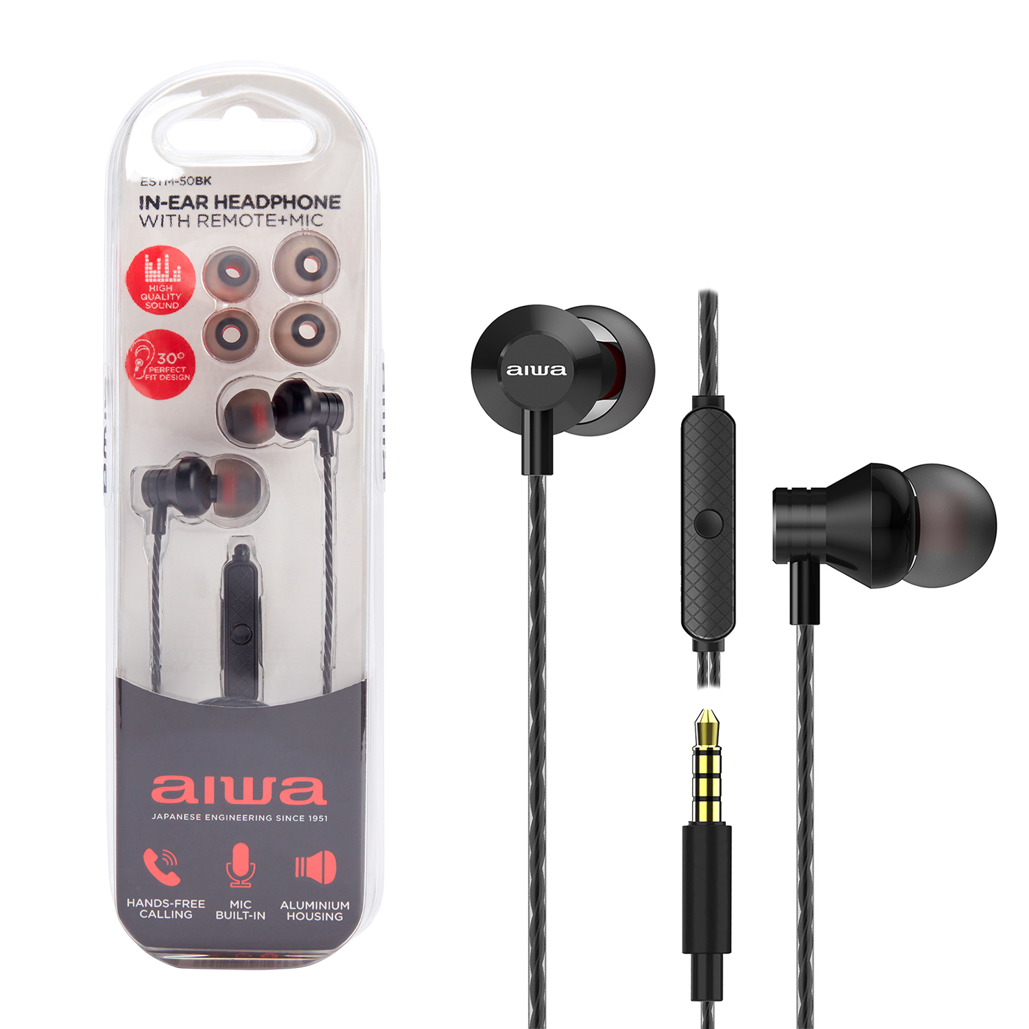 Cuffie Aiwa nere in-ear con telecomando e microfono, confezionate e separate.