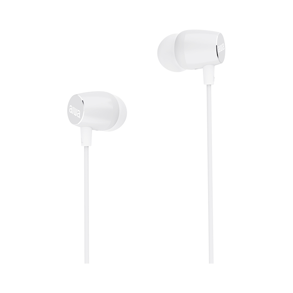Zwei weiße Aiwa-Kopfhörer mit Kabel auf weißem Hintergrund.