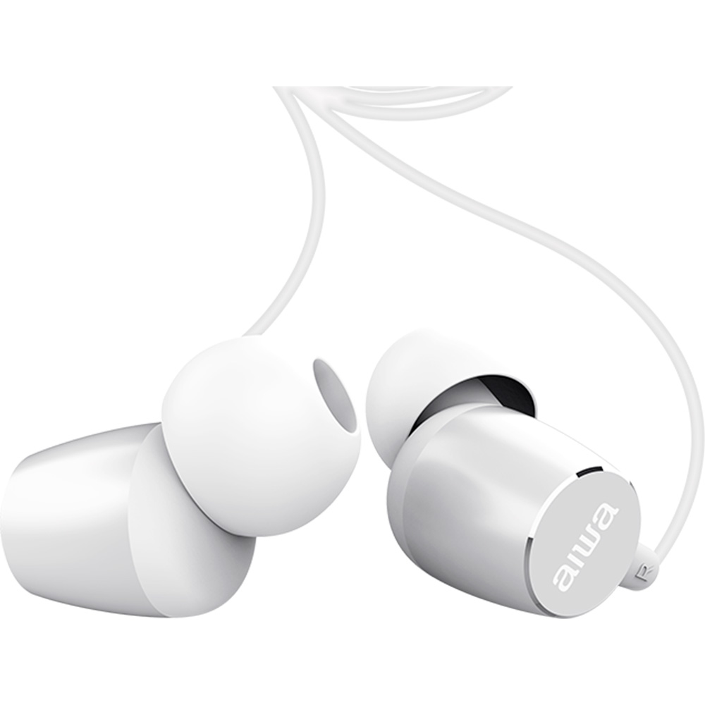 Weiße In-Ear-Kopfhörer mit Kabel und dem Markennamen Aiwa.
