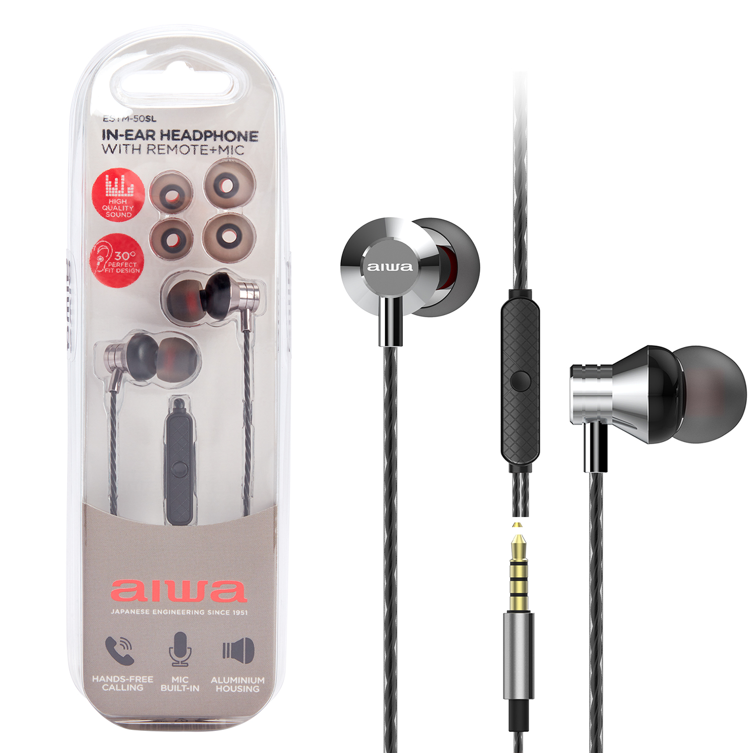 Auriculares Aiwa in-ear con control remoto y micrófono, en empaque y por separado.
