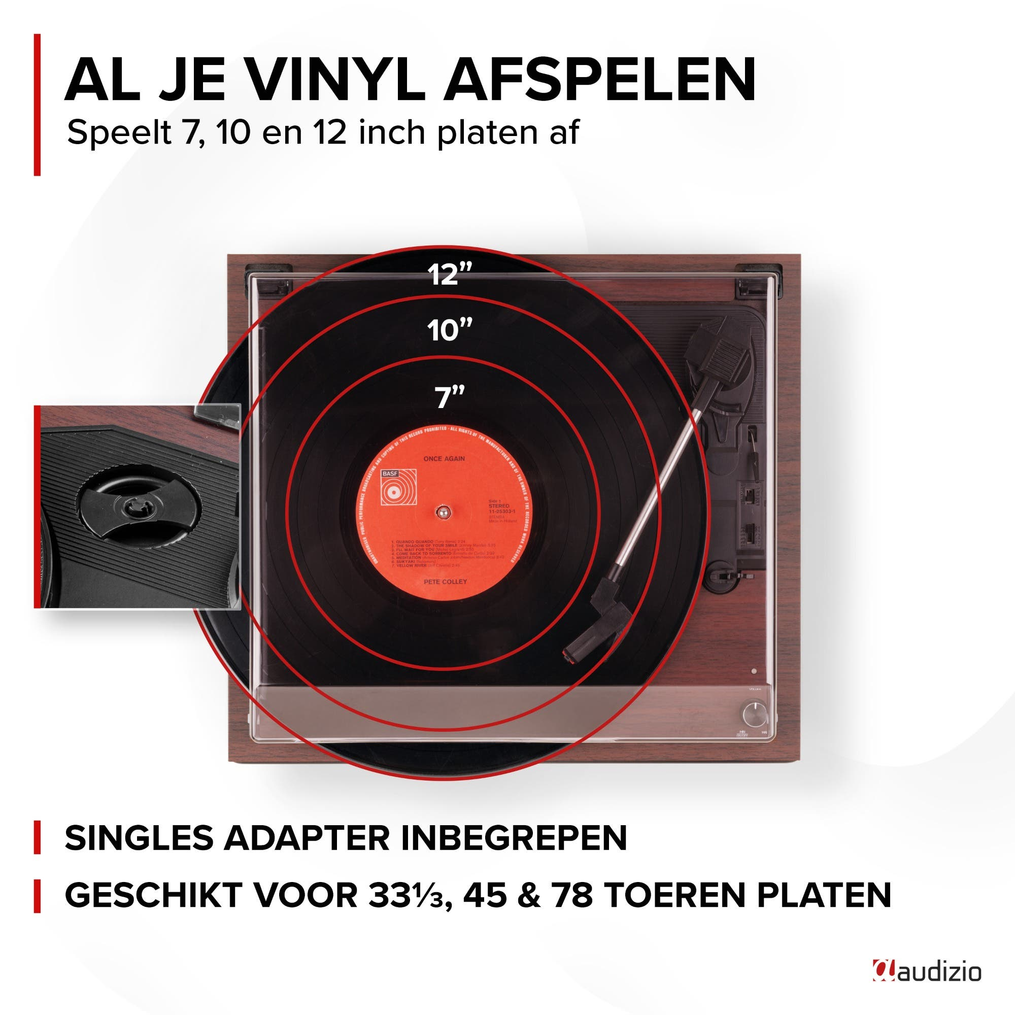 Platine vinyle jouant des disques de 7, 10 et 12 pouces. Adaptateur single inclus.