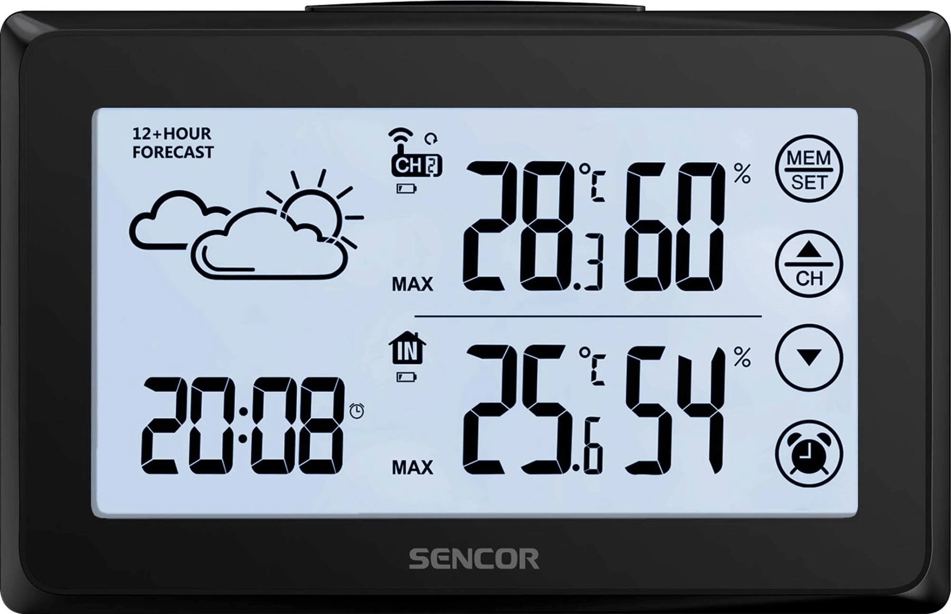 Digitalanzeige mit Wettervorhersage, Uhrzeit und Temperatur.