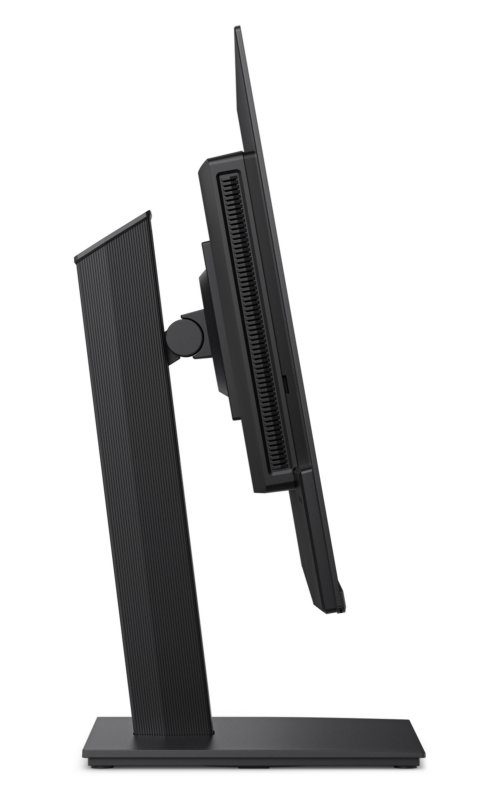 Un monitor di computer nero con supporto a coste è mostrato di lato su sfondo bianco.