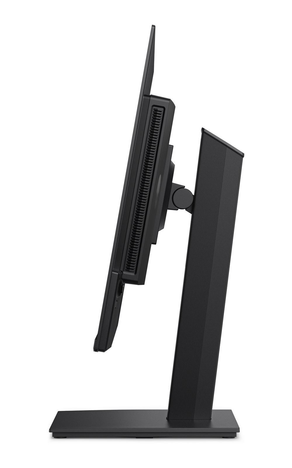 Vista laterale di un monitor nero con supporto scanalato su sfondo bianco.