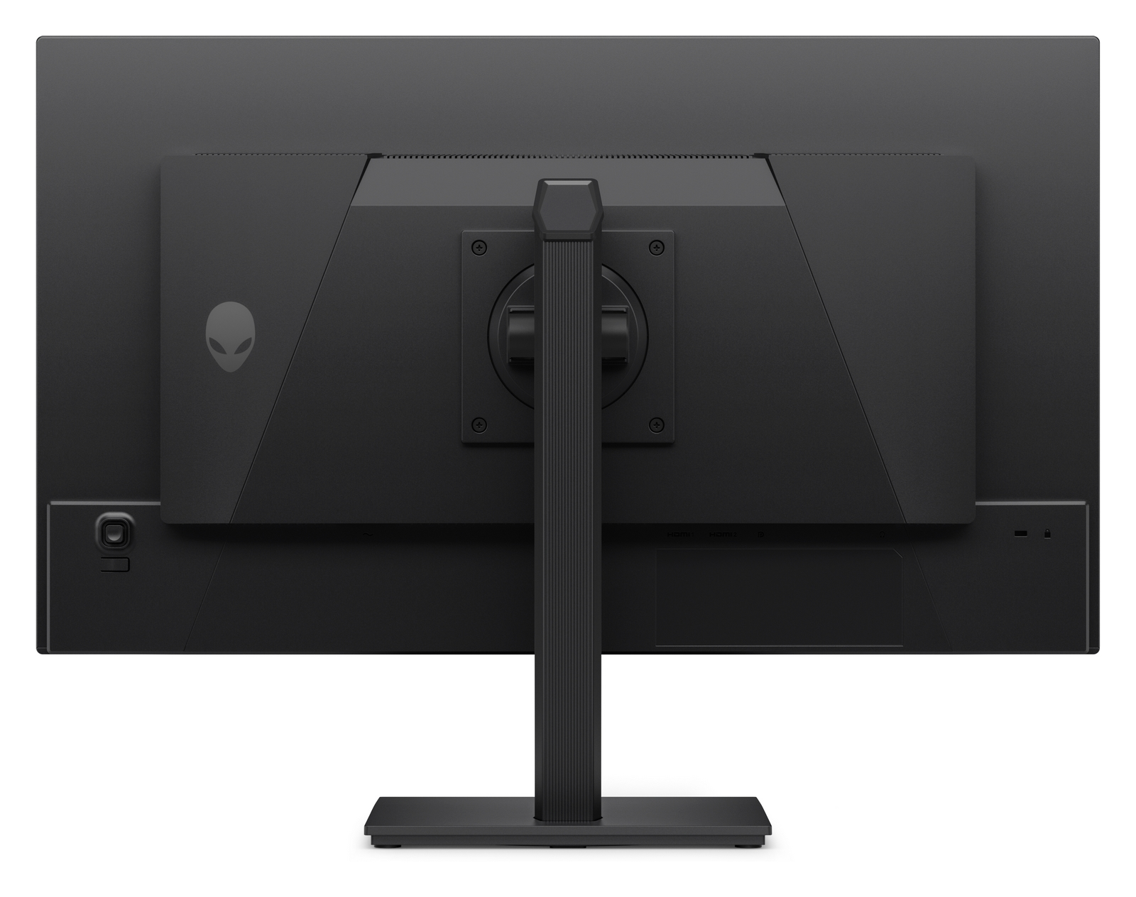 Retro di un monitor nero con logo Alienware. Supporto attaccato.