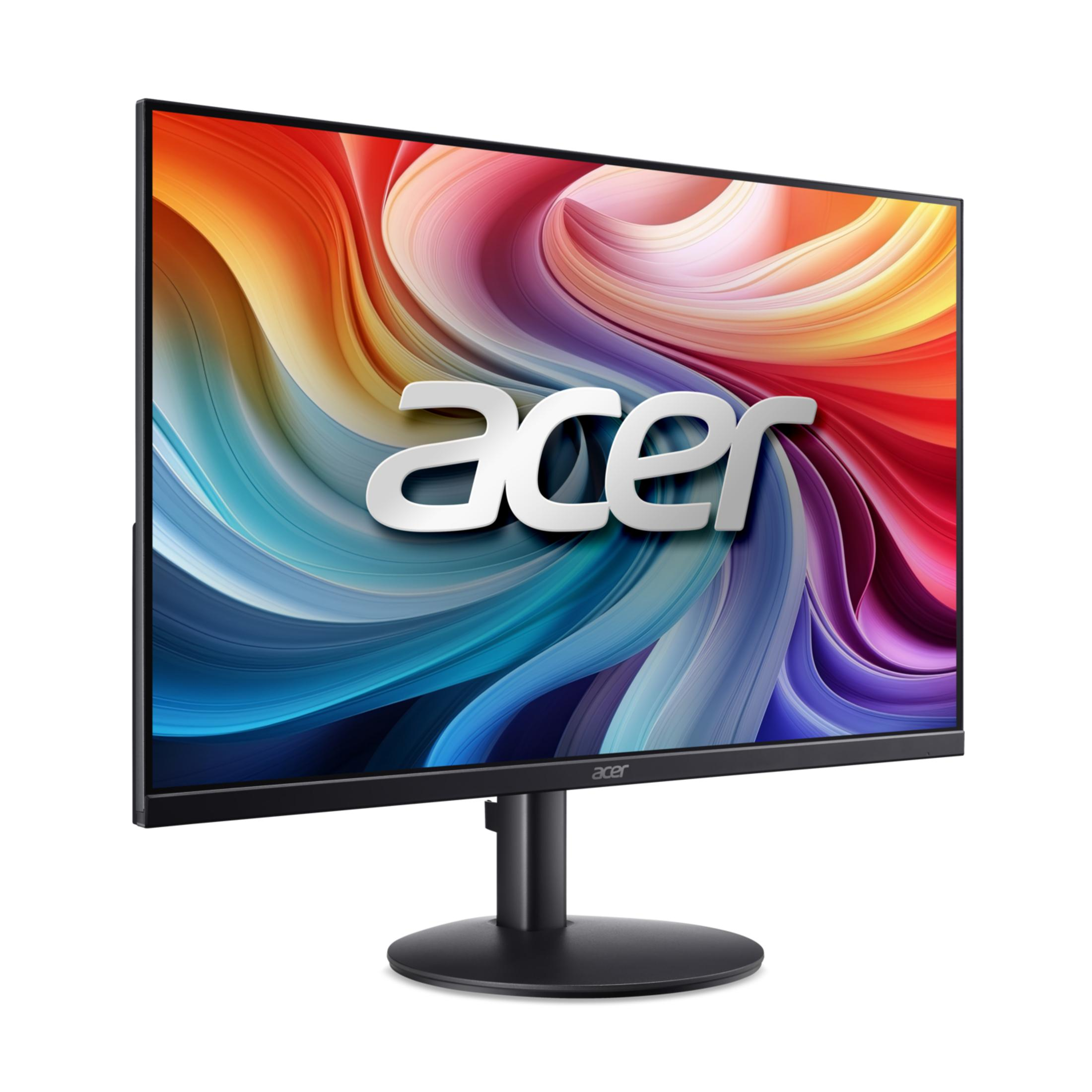 Un monitor Acer mostra un motivo astratto colorato a vortice. Il logo Acer è visibile.