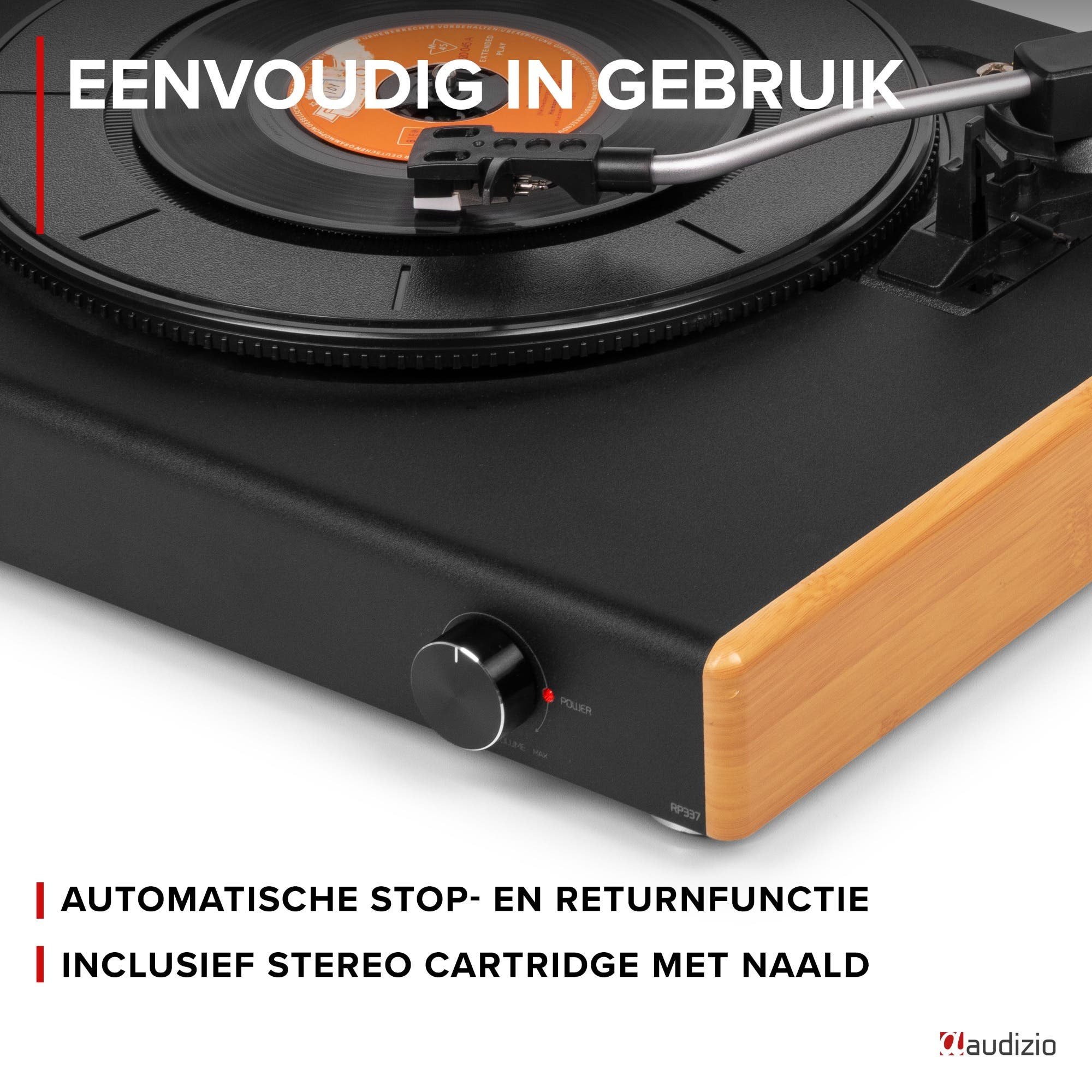 Tocadiscos negro con detalles de madera, aguja sobre vinilo.