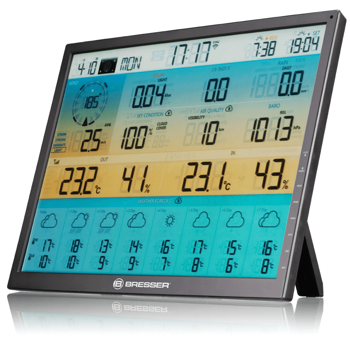 Estación meteorológica digital muestra temp. exterior, humedad, viento, lluvia y pronóstico 7 días.