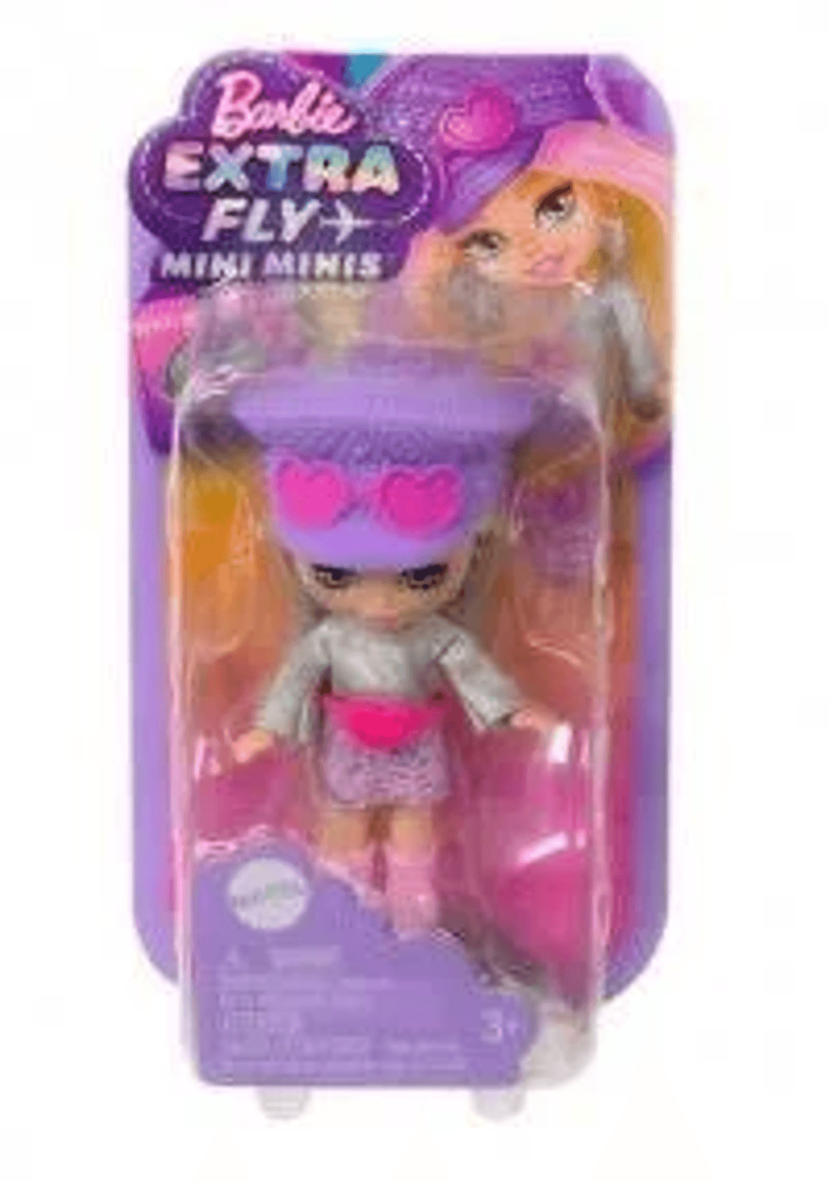 Barbie Extra Fly Mini Minis Puppe in Lila-Verpackung mit Herz-Sonnenbrille.