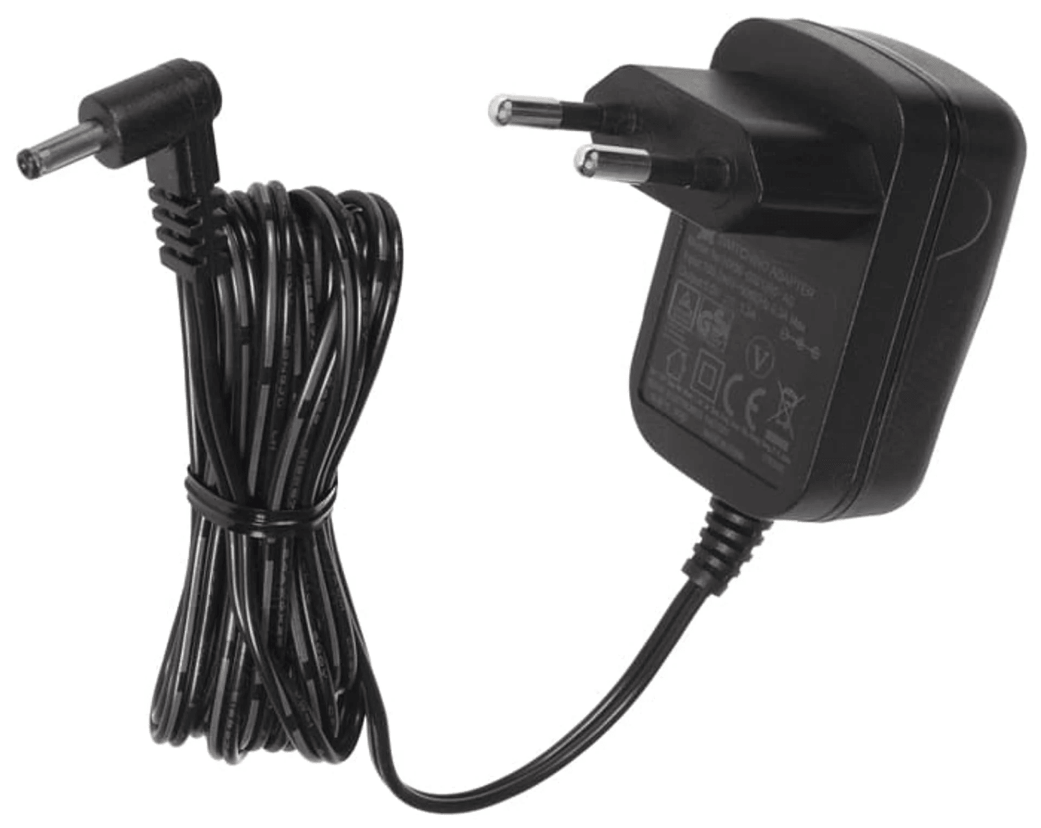 Schwarzes Netzteil mit Kabel und Stecker für Europa.