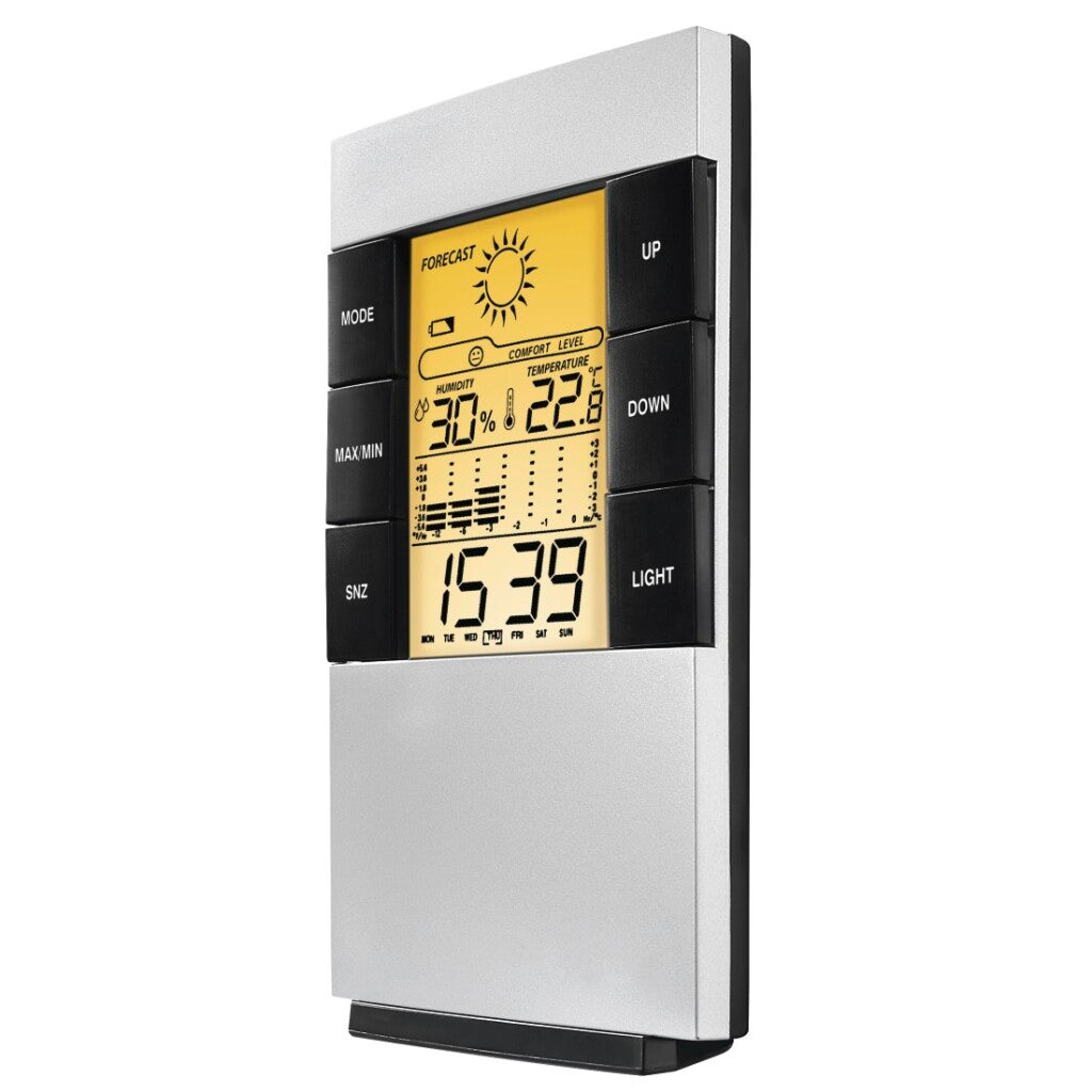 Un display digitale di informazioni meteo che mostra ora, data, temperatura e umidità.
