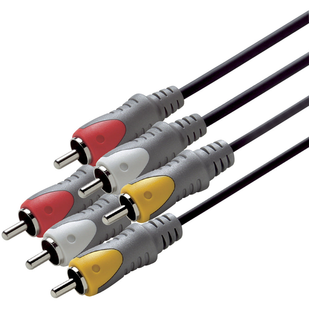 Tre cavi RCA con connettori rosso, bianco e giallo su sfondo bianco.