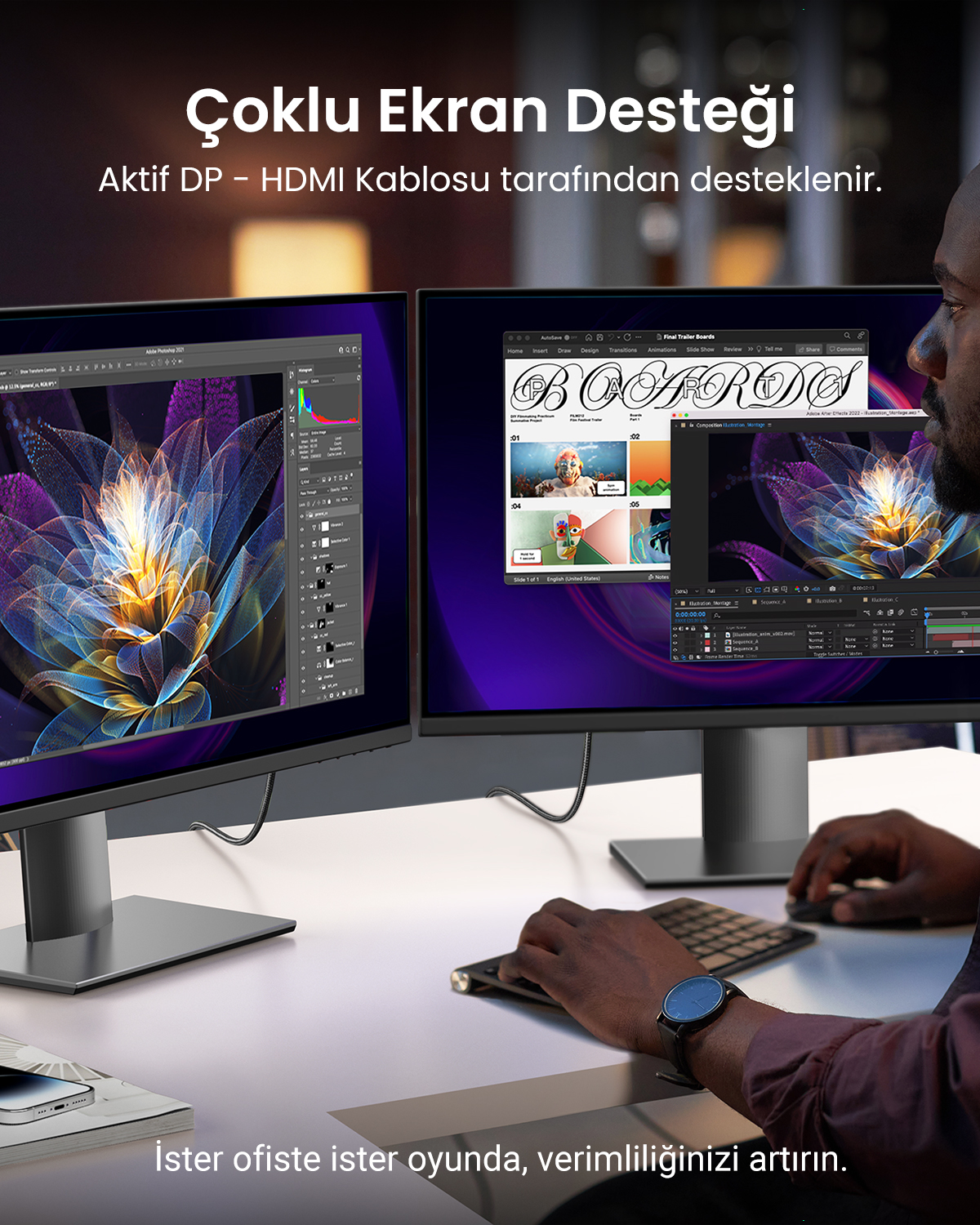 Tasarım yazılımı gösteren iki monitörlü adam. Bir monitör çiçek, diğeri storyboard gösteriyor.