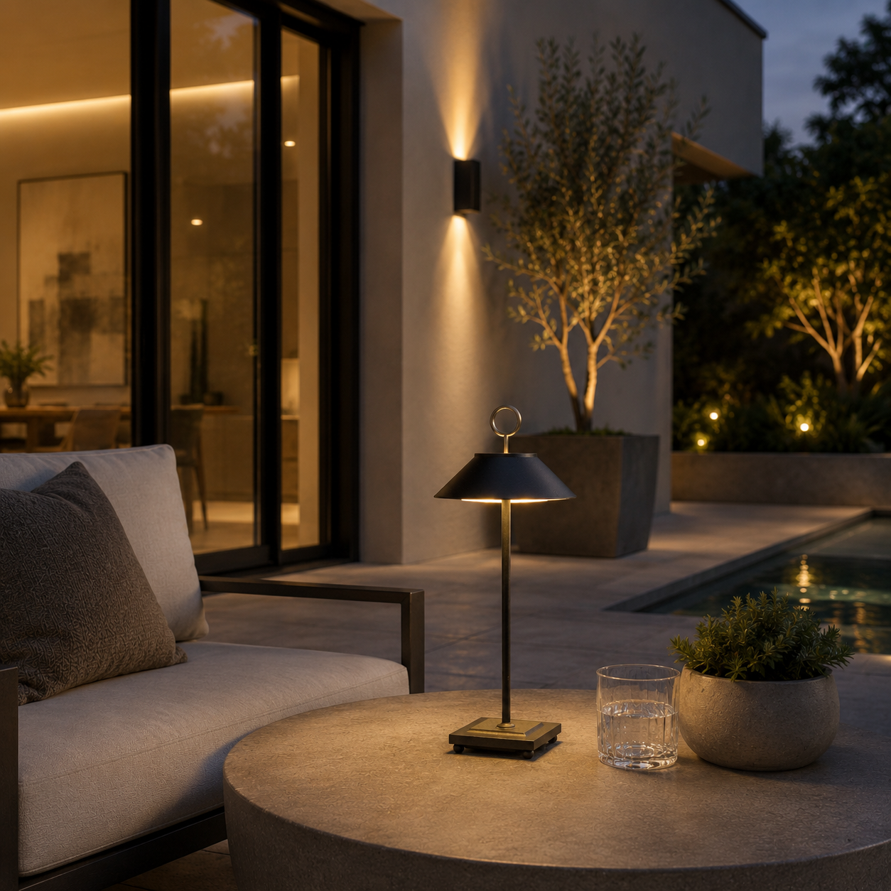 Außenpatio in der Dämmerung mit Tisch, Stuhl, Lampe, Glas und Pflanze.