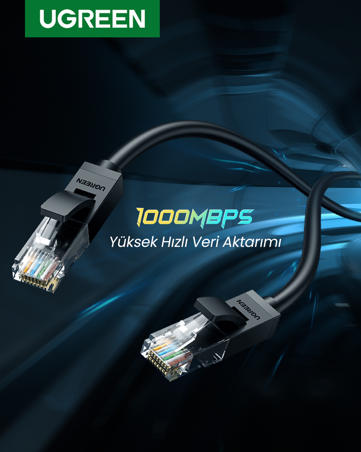 UGREEN logolu, şeffaf RJ45 konnektörlü siyah Ethernet kablosu. Metin: 1000MBPS.