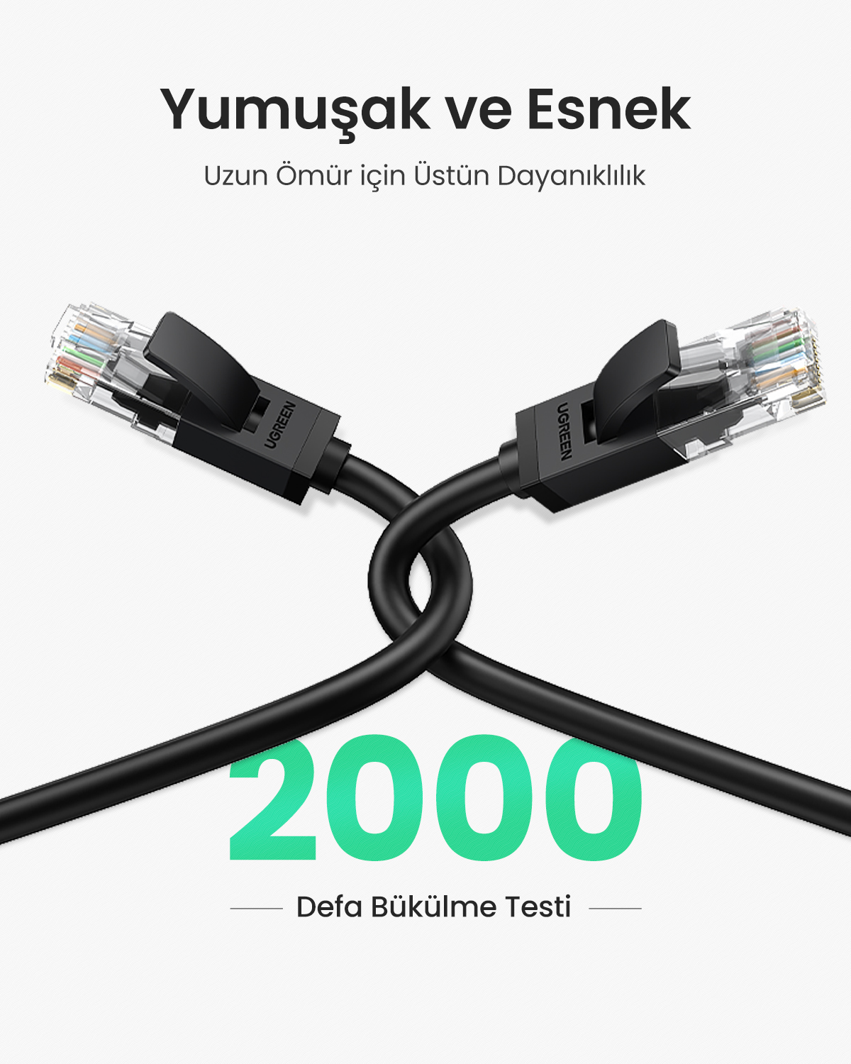 Şeffaf konnektörlü iki siyah ağ kablosu, çaprazlanmış ve "2000" etiketli.