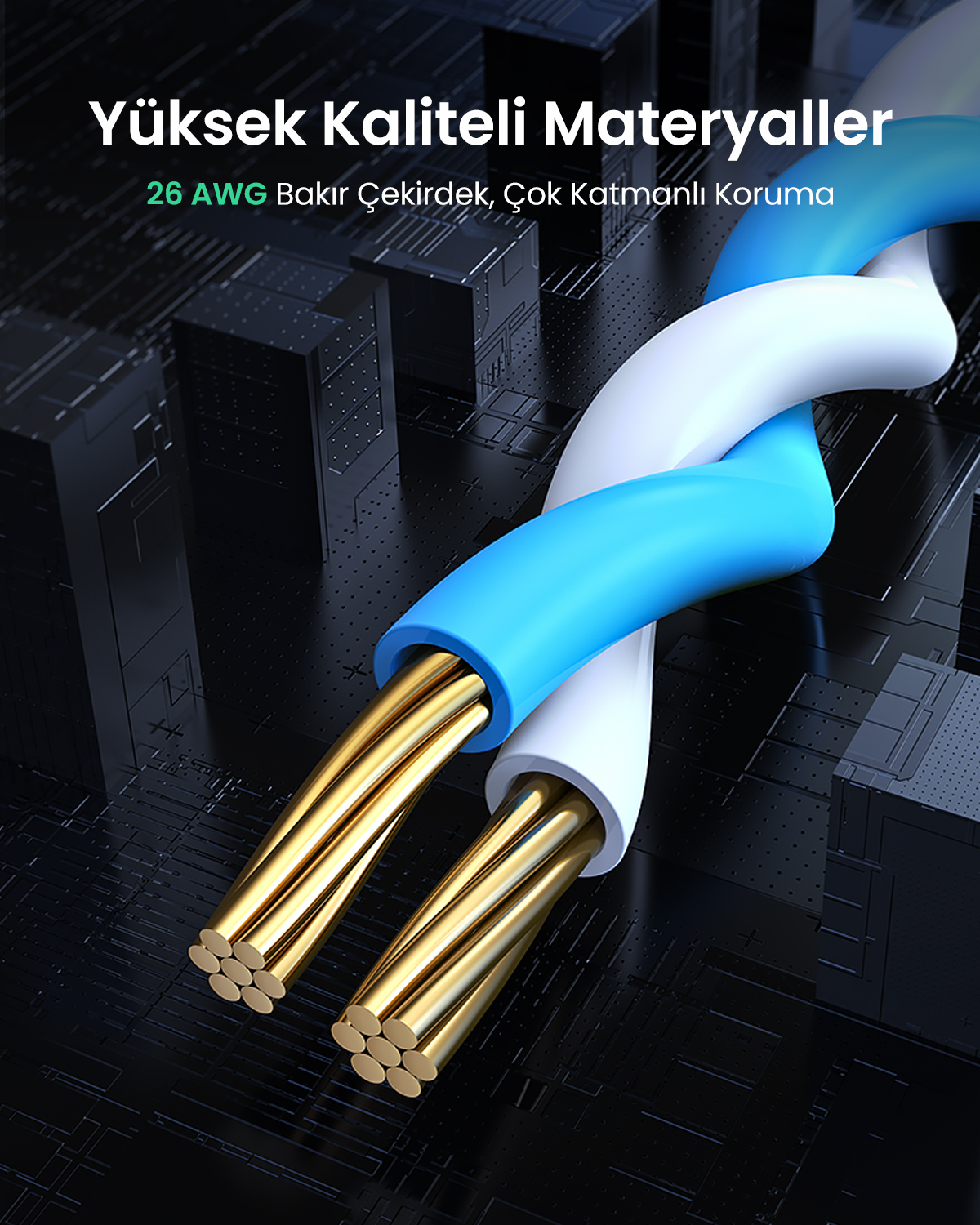 Siyah arka plan üzerinde çıplak bakır teller ve mavi/beyaz kaplama gösteren bükülmüş iki kablo.