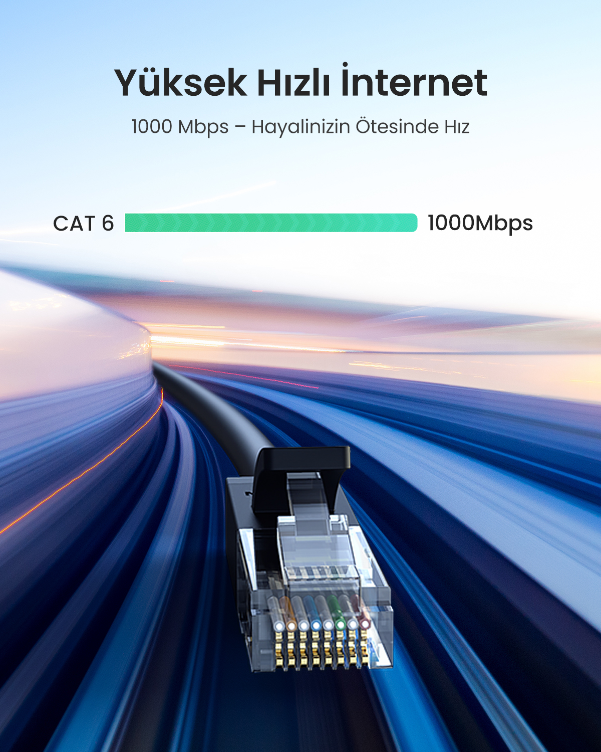 CAT 6 Ethernet kablo konektörü, mavi arka planda 1000 Mbps göstergesi.