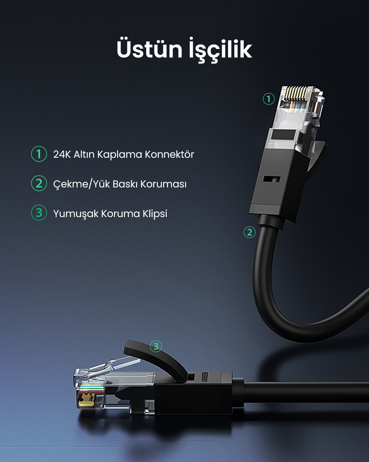 24K altın konnektörlü, gerilim korumalı ve klipsli Ethernet kablosu.