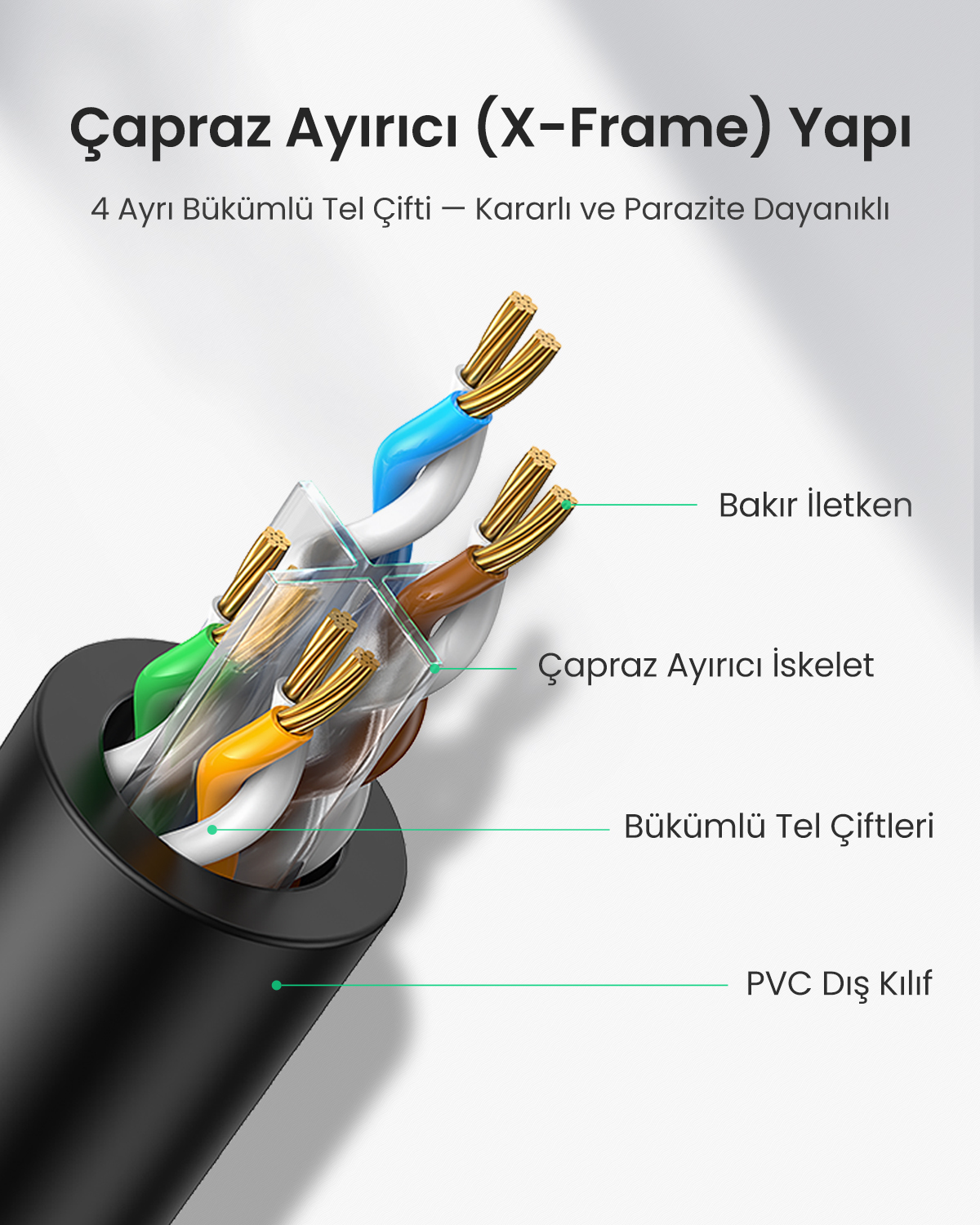 Açıkta kalan telleri ve etiketleri gösteren Ethernet kablosunun yakın çekimi.
