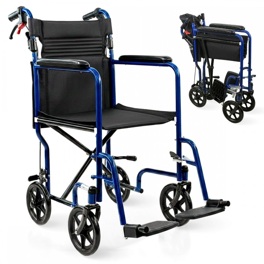 Una silla de ruedas plegable azul con asiento y ruedas negras.