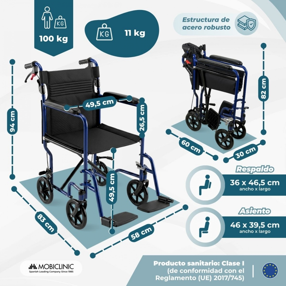 Silla de ruedas azul con dimensiones y especificaciones de peso. Plegada a la derecha.