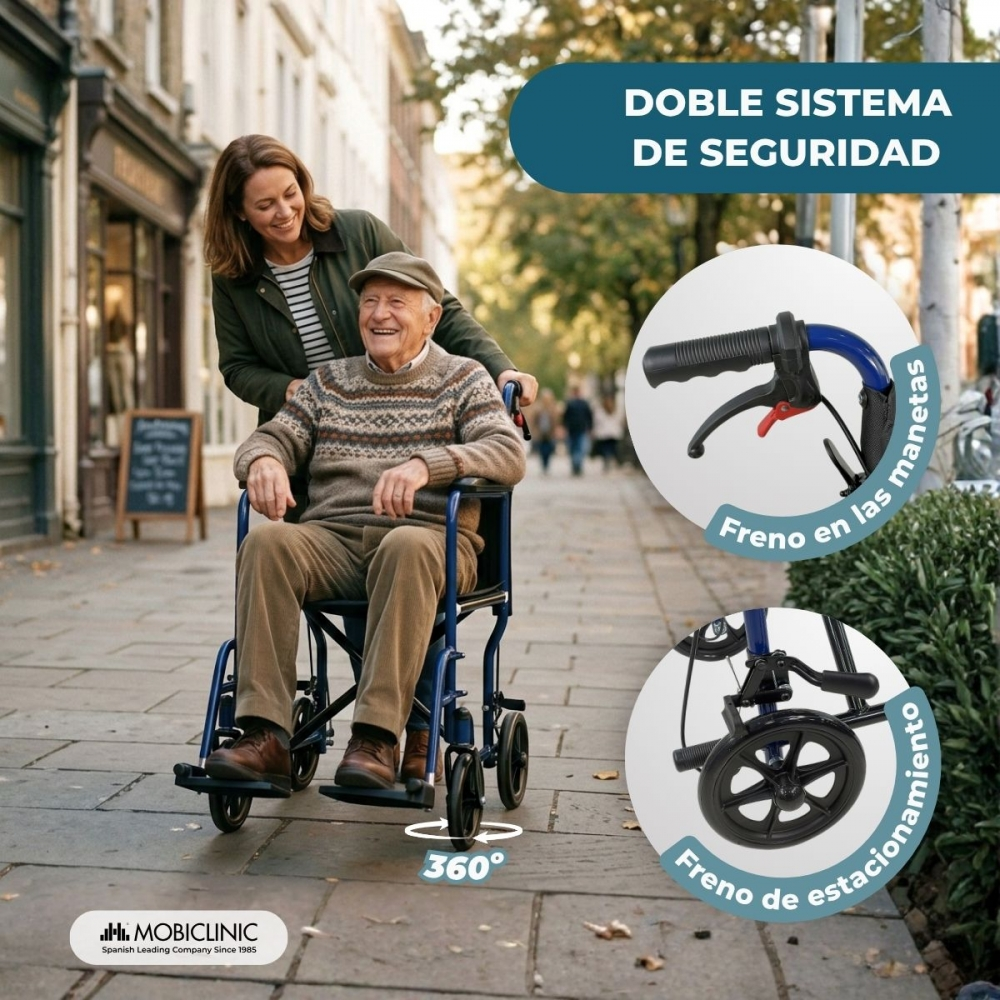 Una mujer empuja a un anciano en silla de ruedas por la calle. Primeros planos de frenos. 360°.