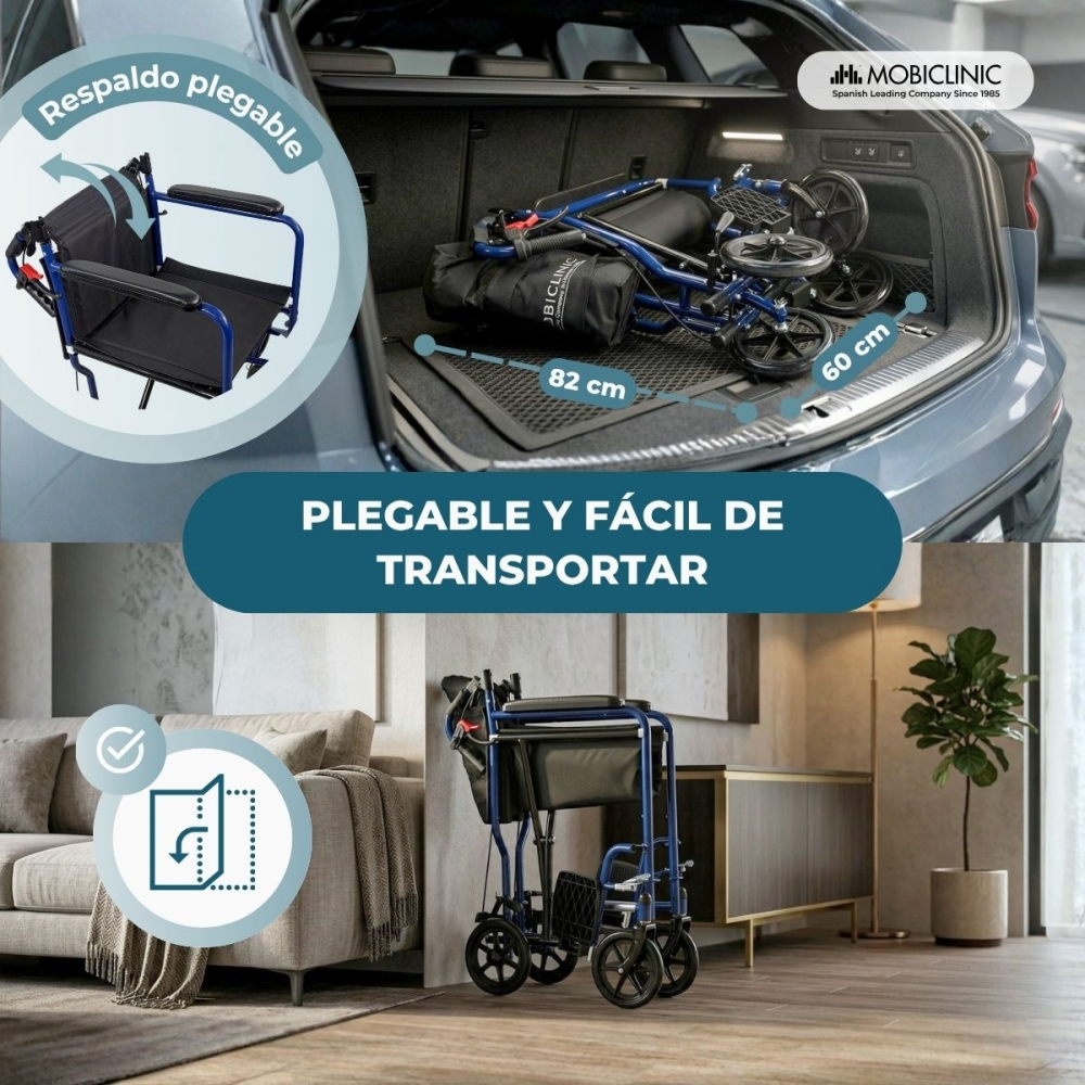 Una silla de ruedas plegable azul se carga en el maletero. Debajo, un andador en una sala.