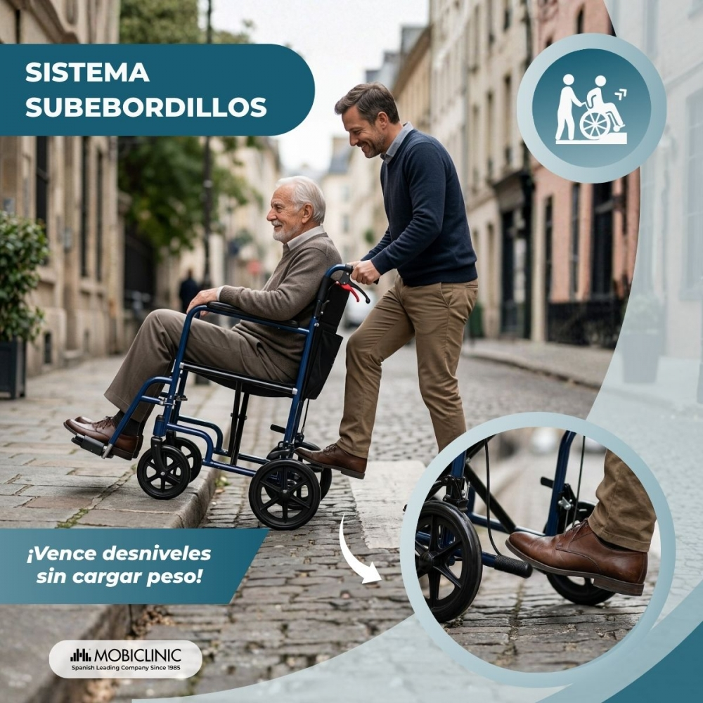 Hombre empuja a anciano en silla de ruedas sobre bordillo. Calle.