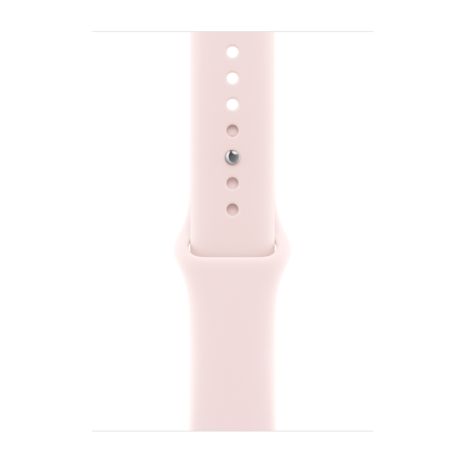 Ein hellrosa Apple Watch Armband mit silbernem Dornschloss und runden Löchern.