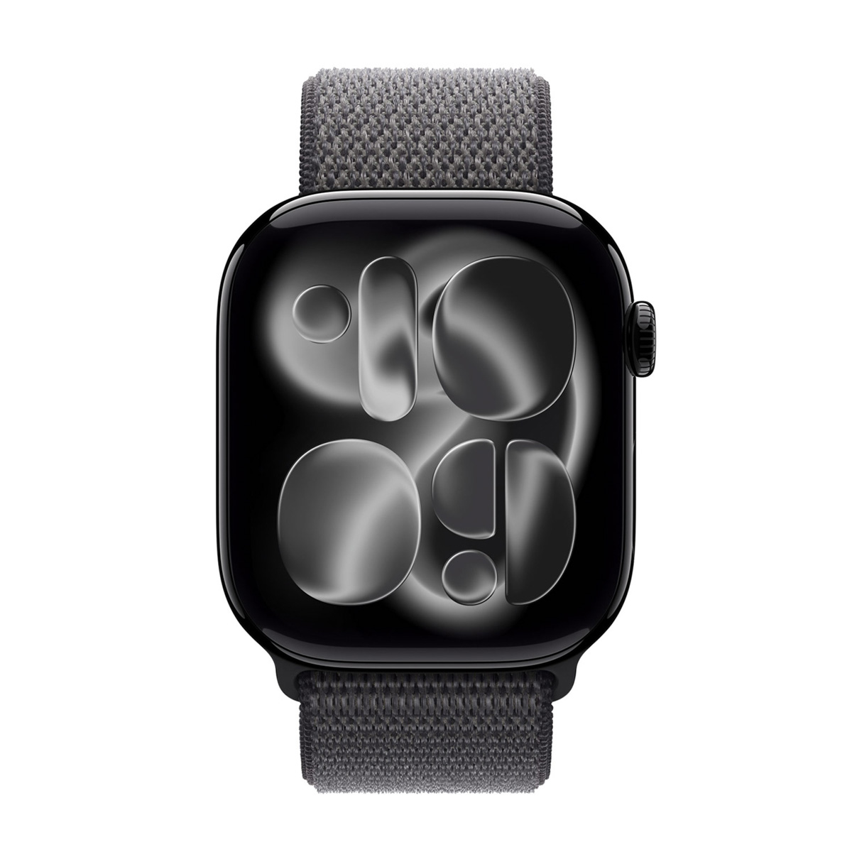 Schwarze Smartwatch mit Stoffarmband und digitaler Anzeige, die die Zeit anzeigt.