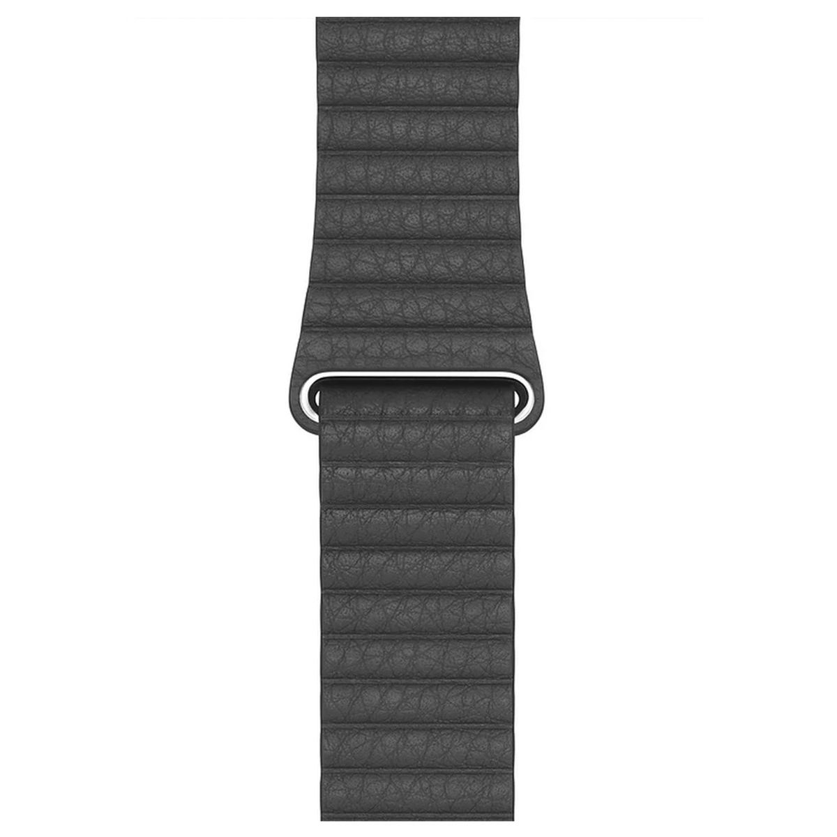 Ein schwarzes, gefaltetes Lederarmband für eine Smartwatch mit silbernen Befestigungen.