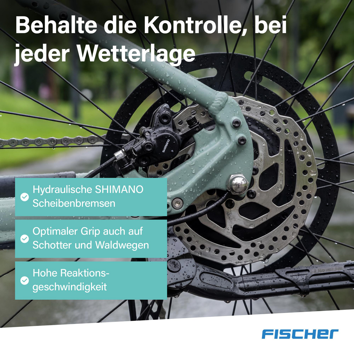 Fahrradbremse mit Scheibenbremsen und Kette bei Regen. Text über Kontrolle.