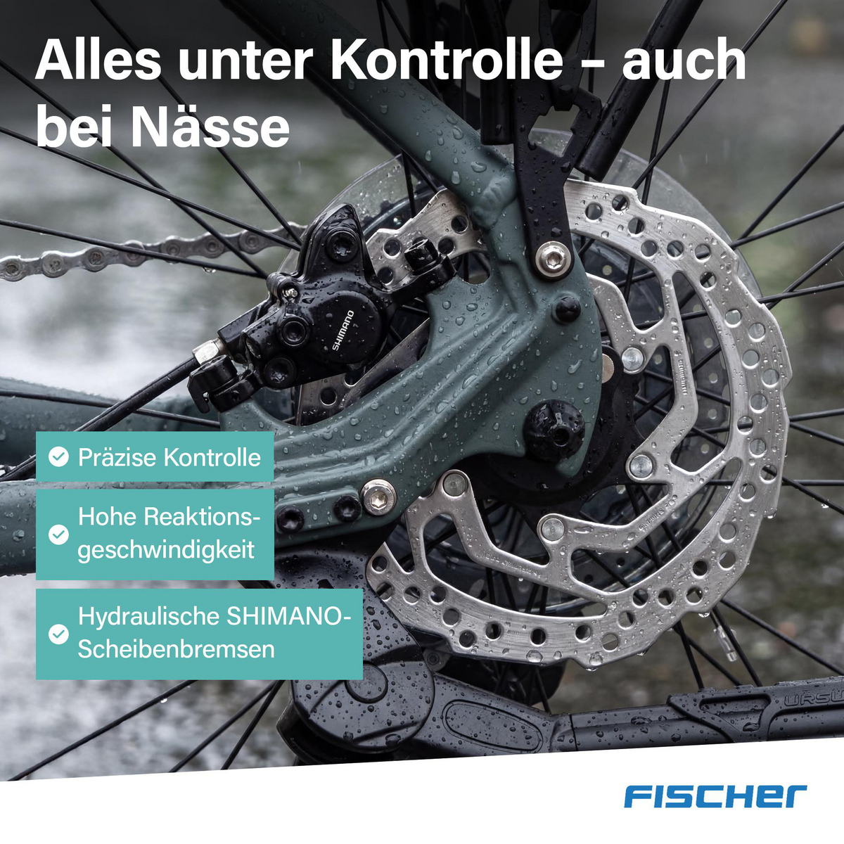 Fahrradbremse mit Scheibe und Bremssattel bei Nässe.