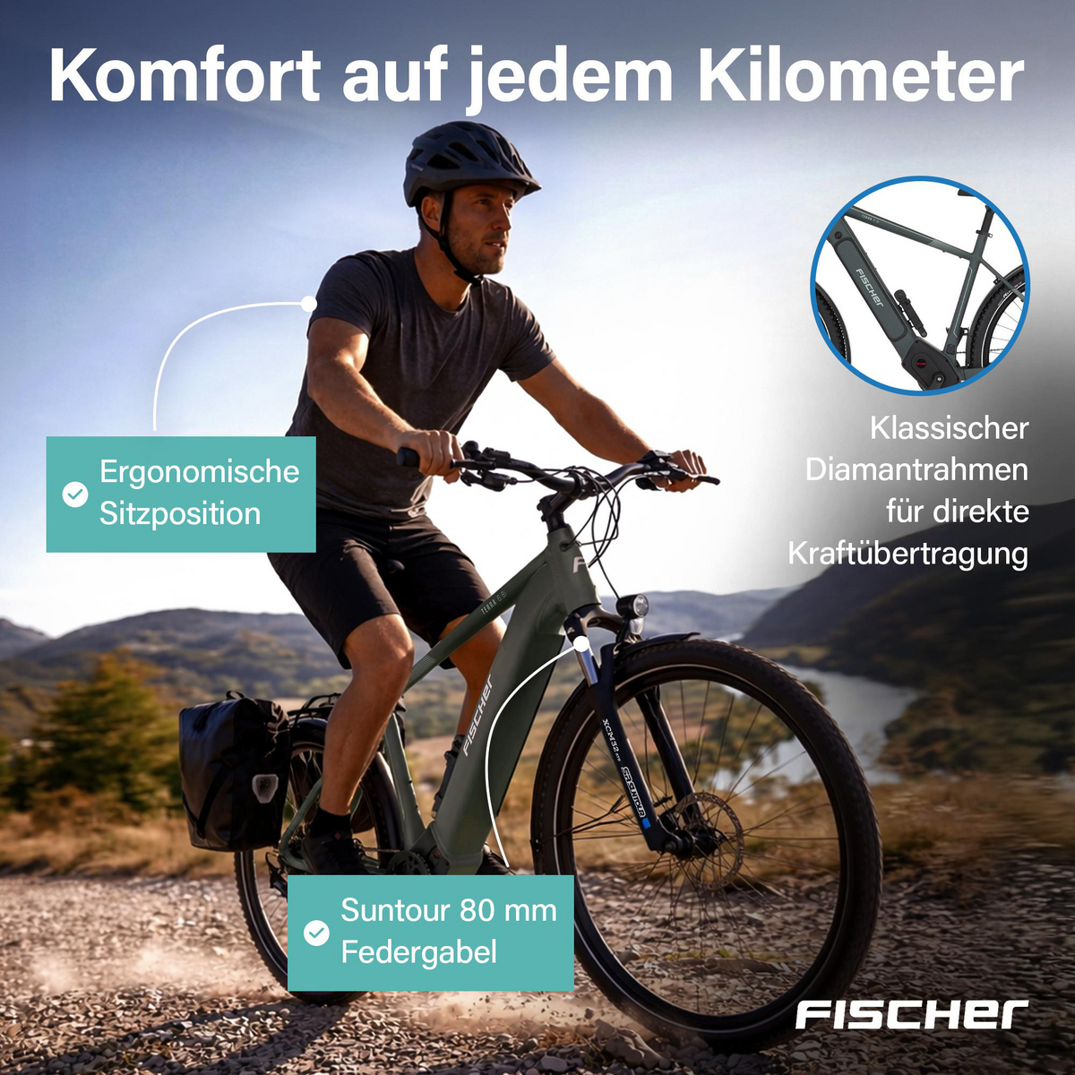 Mann fährt E-Bike mit Suntour Federgabel und Diamantrahmen im Gelände.