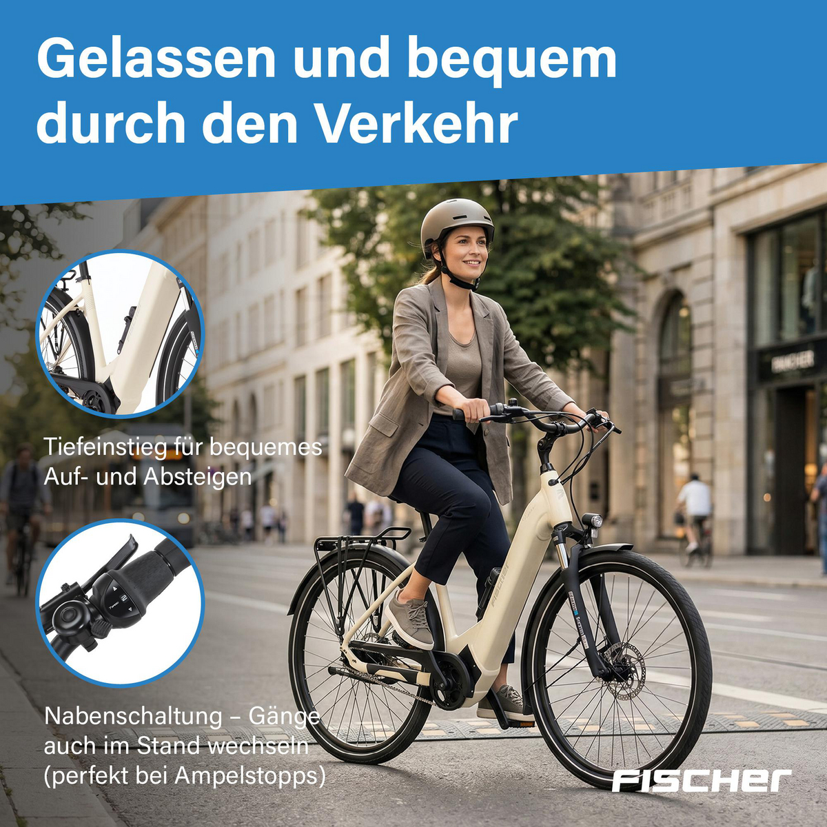 Eine Frau fährt ein beiges E-Bike in der Stadt, mit Text über Komfort.
