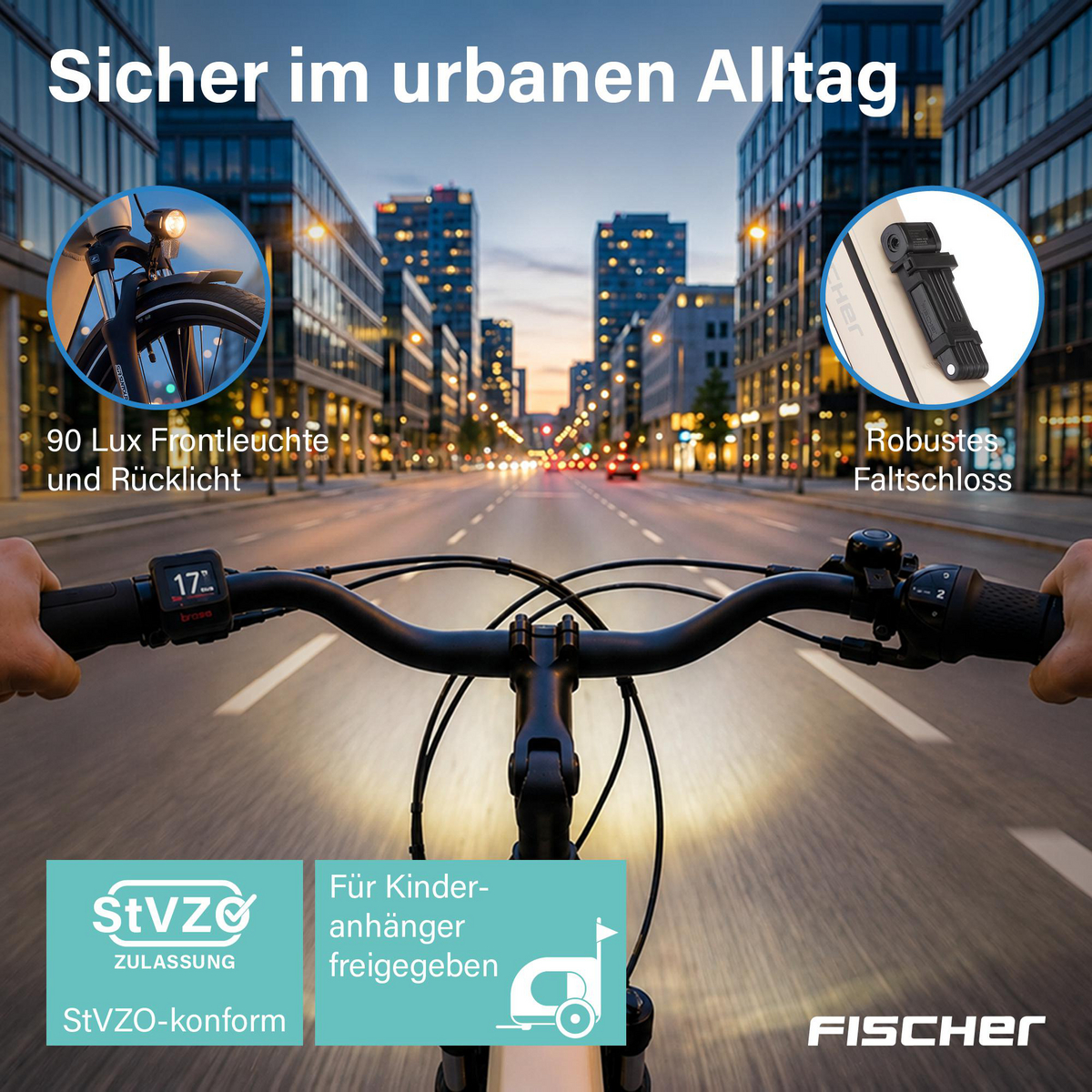 Fahrradlenker mit Display, fährt in belebter Stadt bei Dämmerung. Beleuchtung und Schloss hervorgehoben.