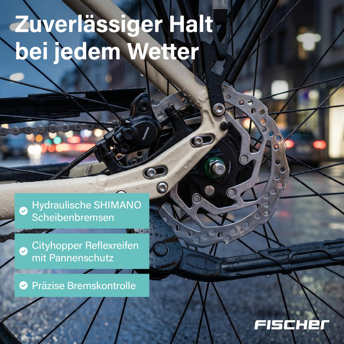 Fahrrad-Scheibenbremse bei Regen.SHIMANO-Bremse, Kette und Speichen.