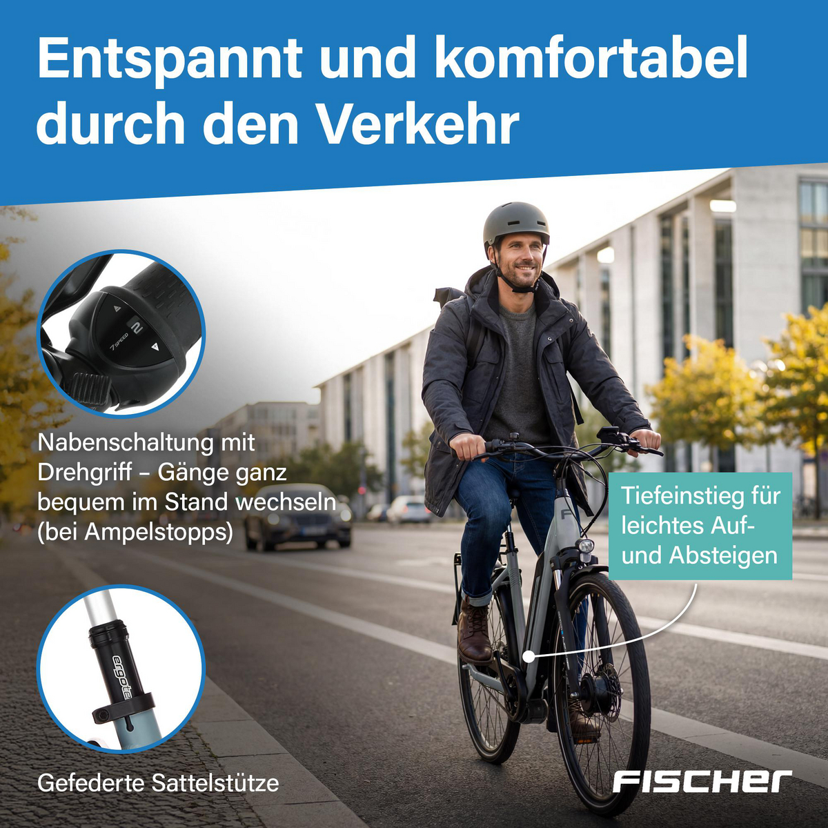 Mann fährt Fahrrad mit tiefem Einstieg und Nabenschaltung.