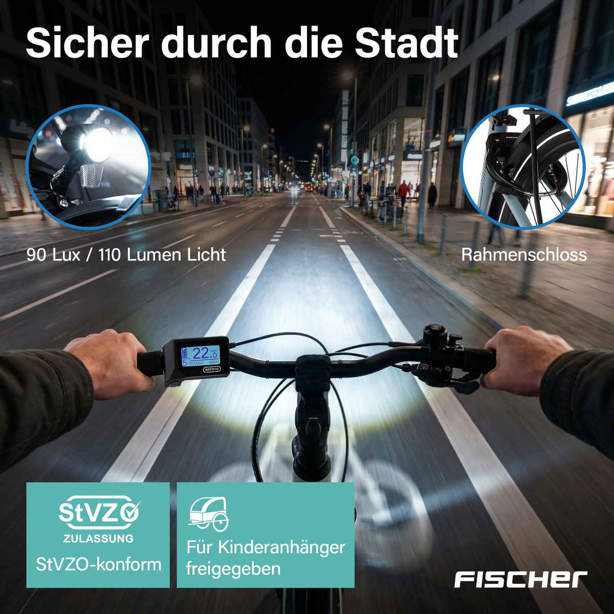 Fahrradlicht beleuchtet Straße bei Nacht. Display zeigt Geschwindigkeit.
