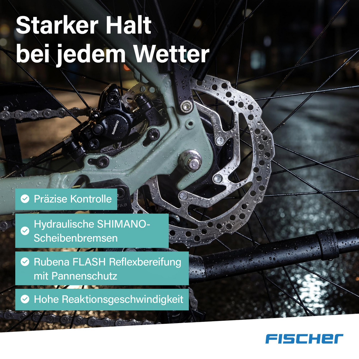 Fahrrad-Scheibenbremse mit Kette und Reifen bei Regen. "Starker Halt bei jedem Wetter."