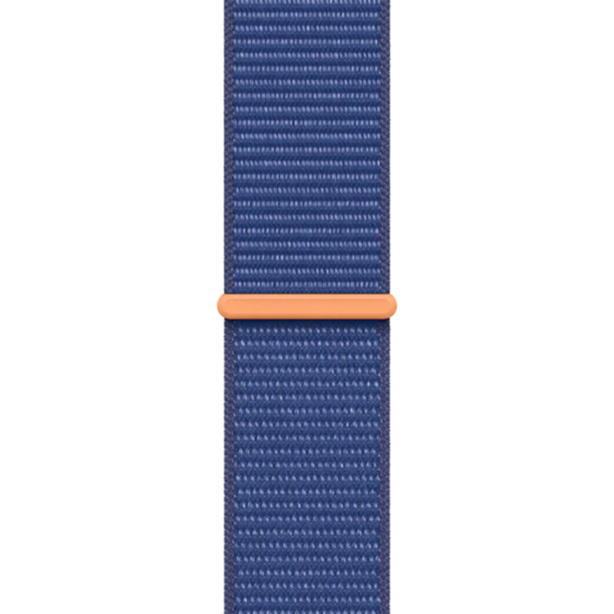 Un bracelet de montre en tissu bleu foncé avec une boucle orange sur fond blanc.