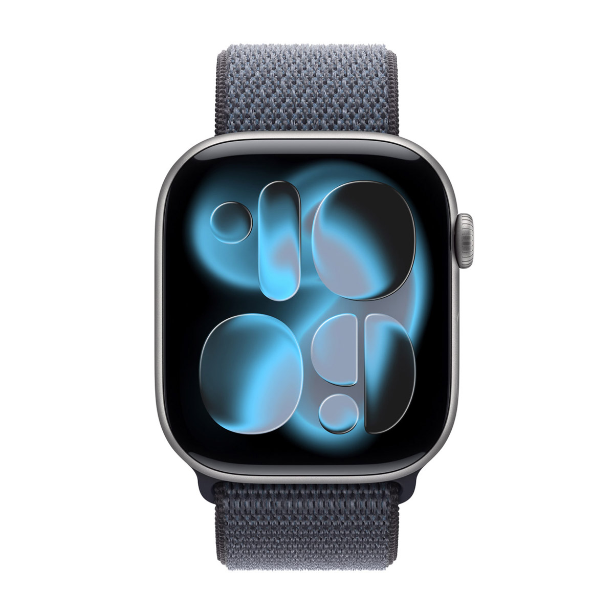 Uno smartwatch grigio con display digitale astratto blu.