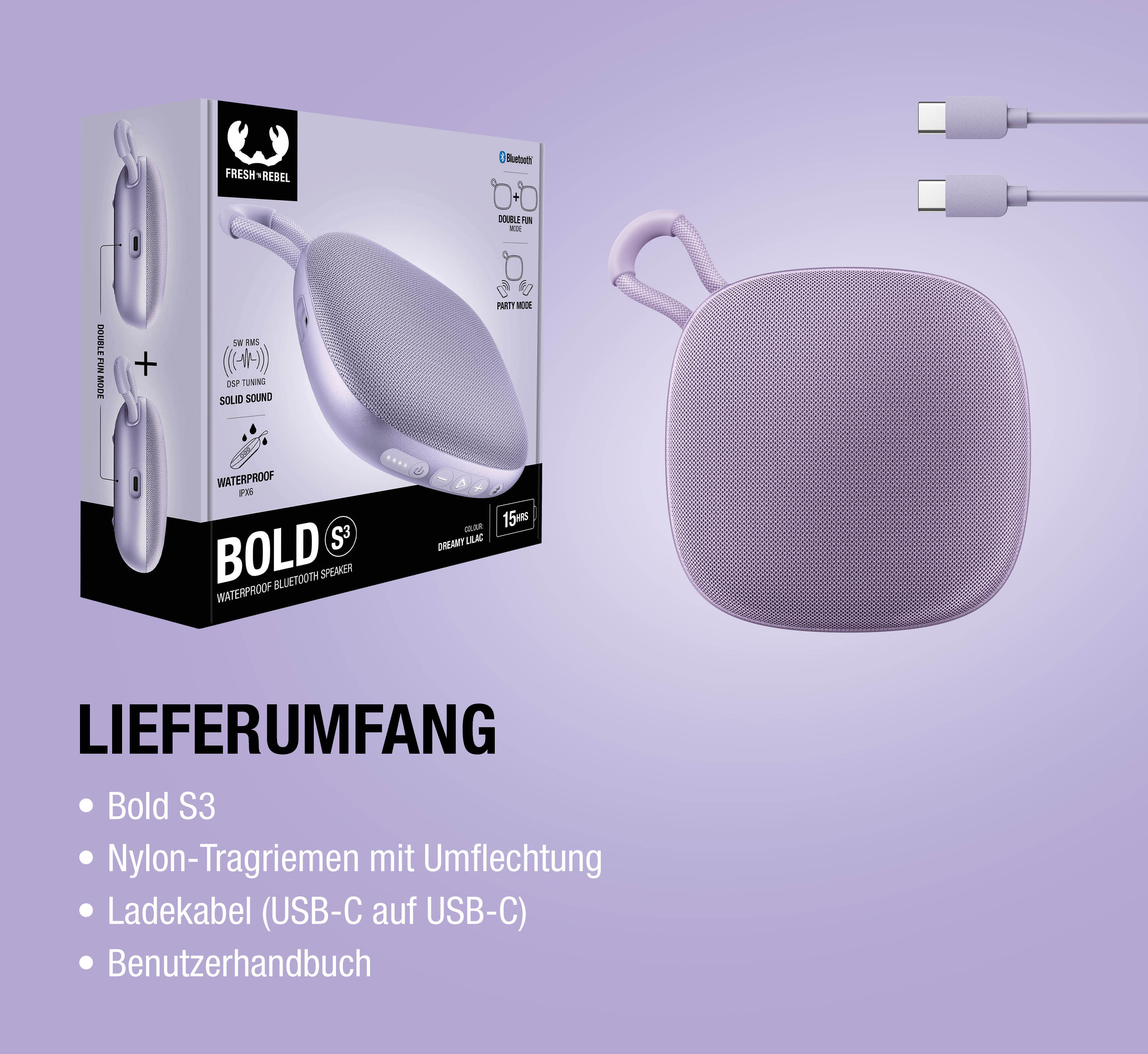 Ein fliederfarbener Bluetooth-Lautsprecher mit Ladekabel und Verpackung.
