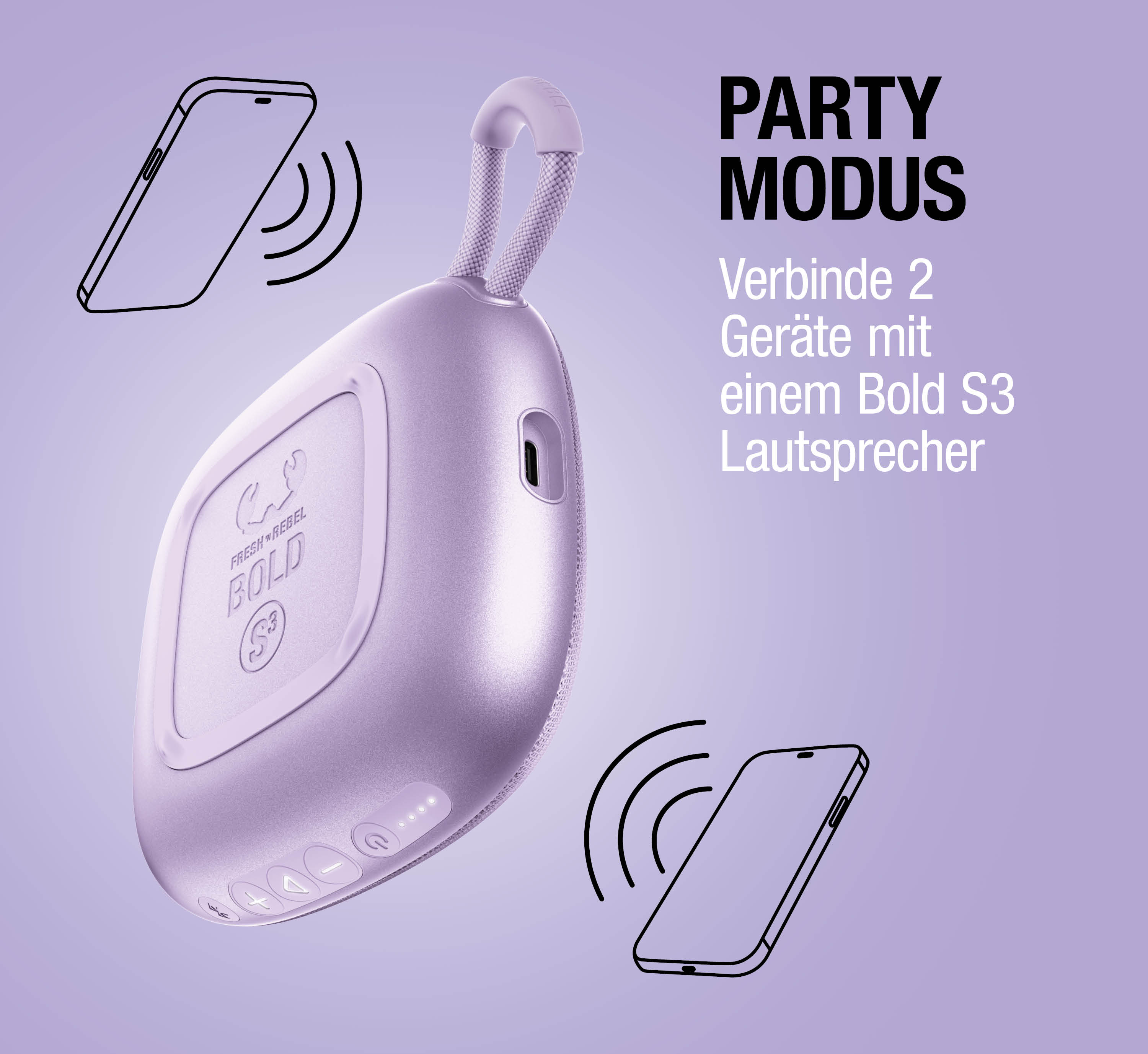 Ein lila Lautsprecher mit zwei Smartphones, die ihn verbinden.