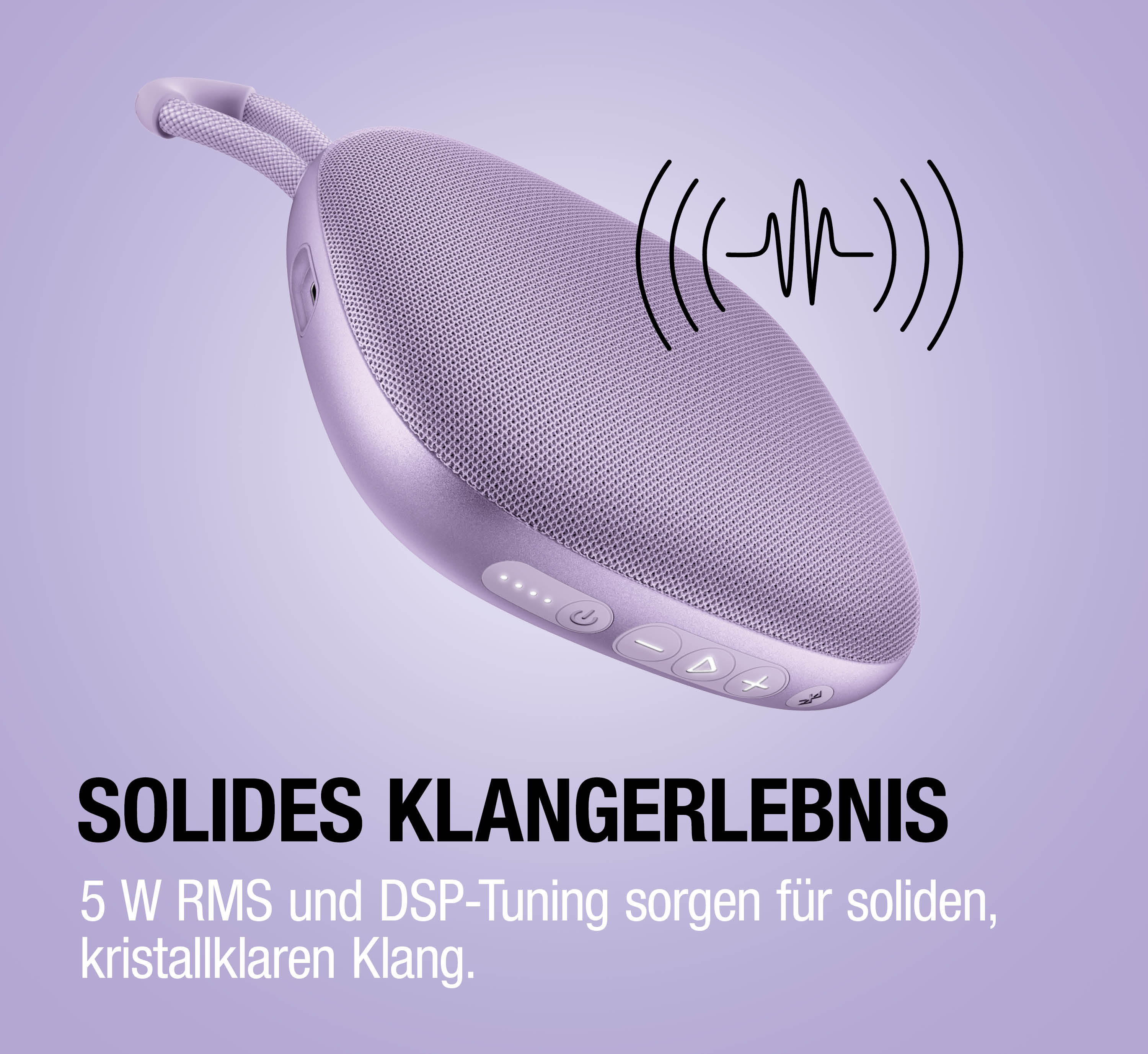 Ein lila Bluetooth-Lautsprecher mit Griff und Wellen-Symbol.