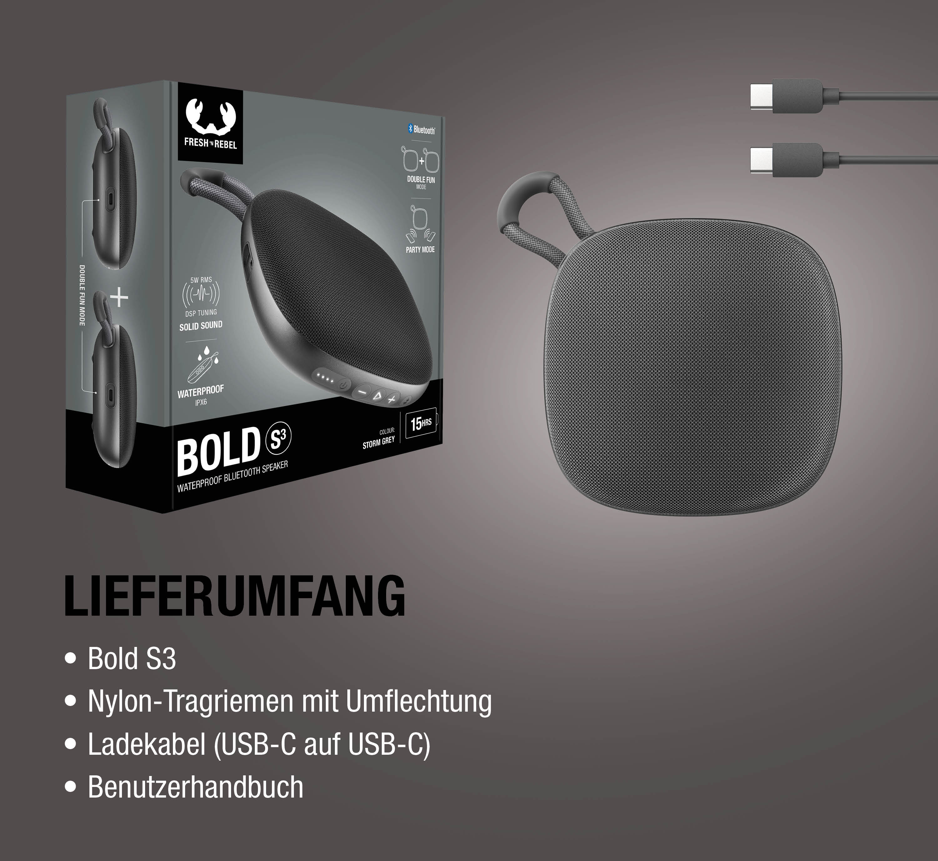 Grauer Bluetooth-Lautsprecher mit Zubehör und Verpackung.