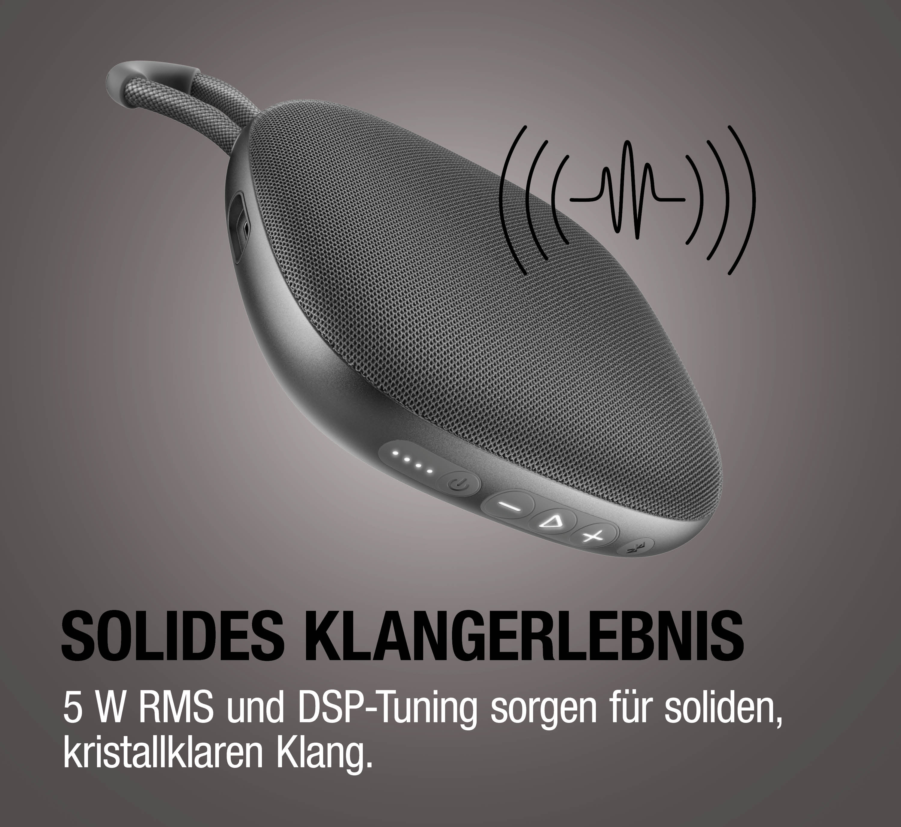 Ein dunkler Bluetooth-Lautsprecher mit Trageschlaufe und Wellensymbolen.